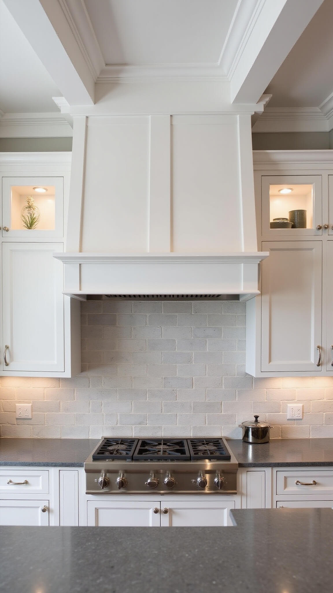 Wide-angle view of a professional kitchen with white inset cabinets to 10ft ceiling, polished nickel hardware, commercial range with custom hood, gray soapstone counters, ceramic tile backsplash, and dramatic task lighting illuminating work areas.