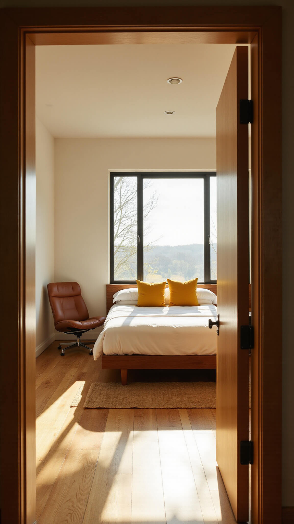 Mid-century modern bedroom with floor-to-ceiling windows, walnut platform bed, white linens with mustard pillows, an Eames lounge chair, and golden hour sunlight casting shadows on oak floors.