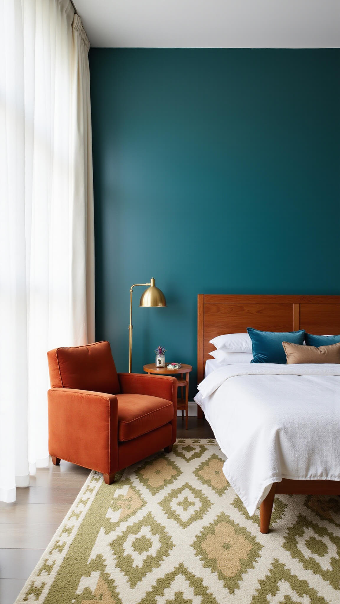 Spacious bedroom with teal accent wall, teak headboard, rust orange velvet armchair, brass floor lamp, and geometric cream and olive rug, lit by soft morning light.