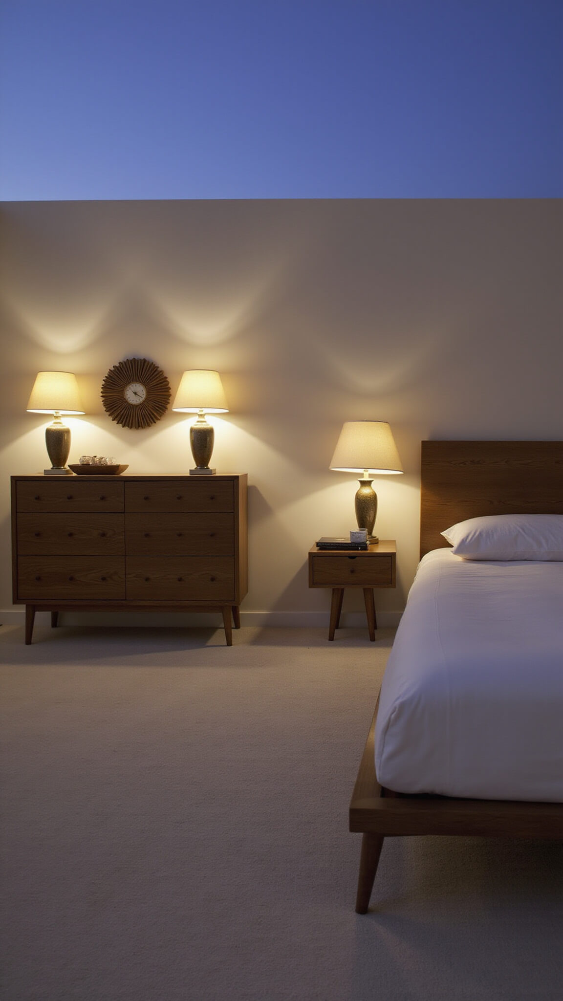 Master bedroom at dusk with warm lighting from ceramic lamps, sunburst clock above walnut dresser, and minimalist bed flanked by floating nightstands.