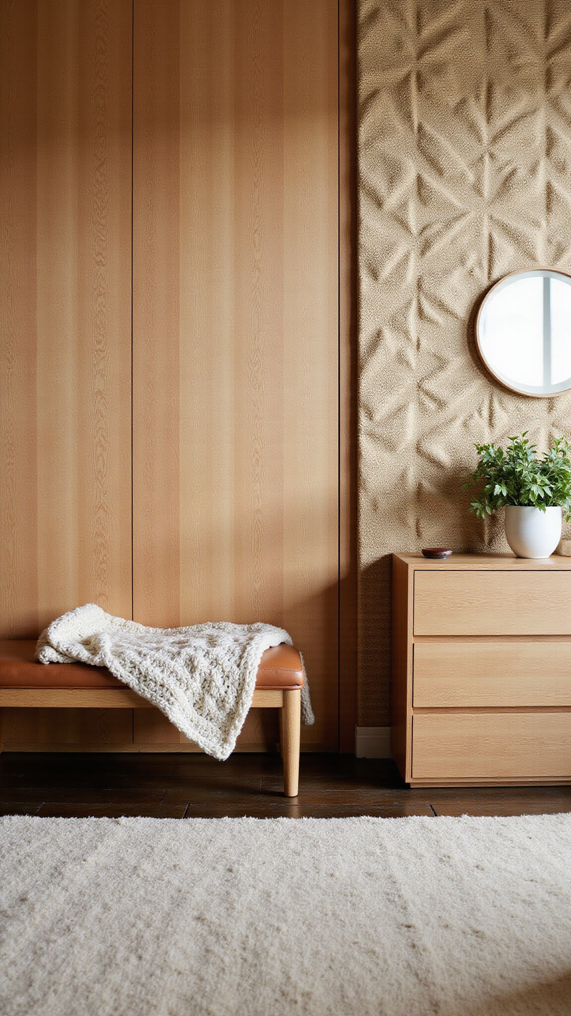 Afternoon-lit bedroom with textured layers including knit throw, grass cloth wallpaper, wood wall panels, wool rug, and teak furniture.