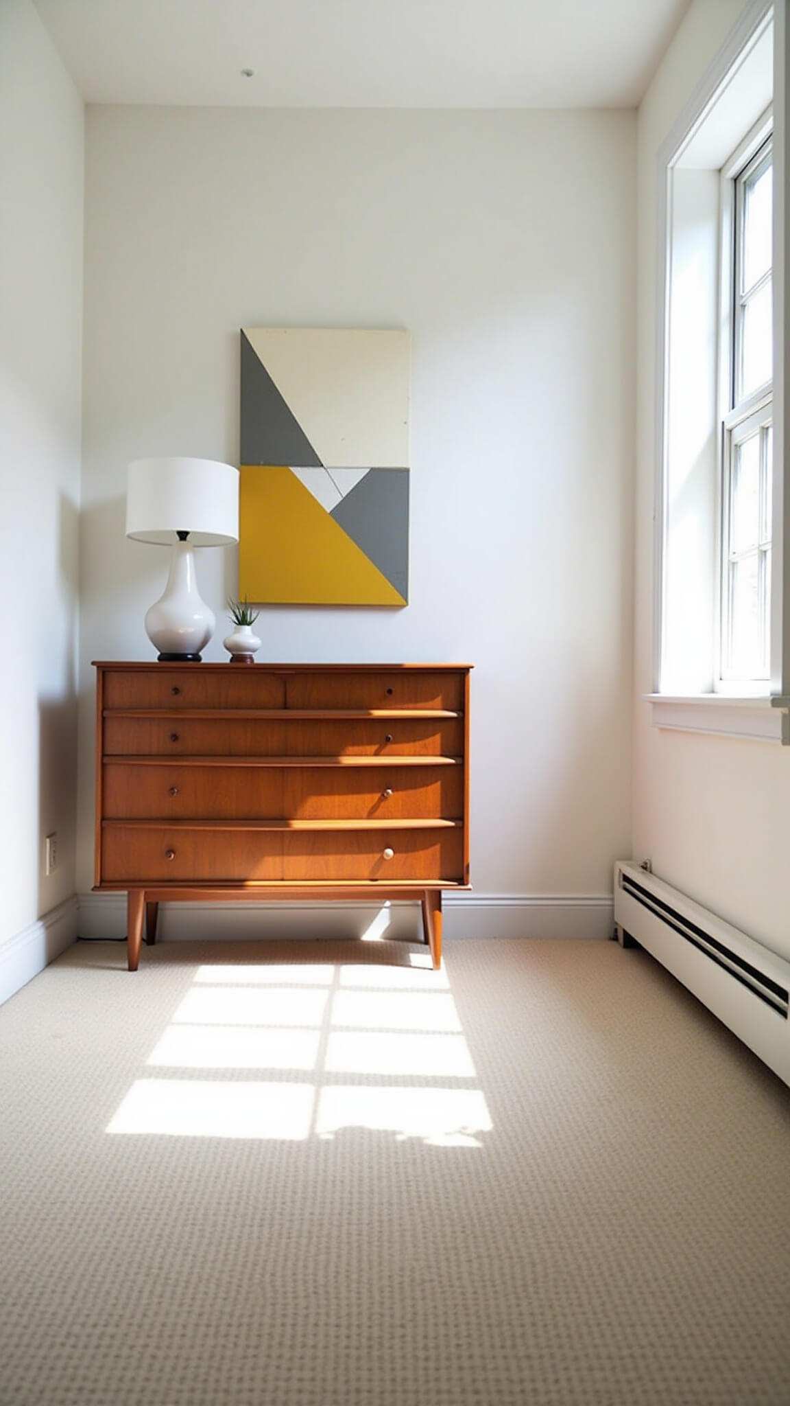 Bright 14x16ft bedroom with mid-century decor, including a thrifted teak dresser, DIY mustard and grey geometric wall art, and vintage ceramic lamps; sunlit white walls and dramatic morning shadows.