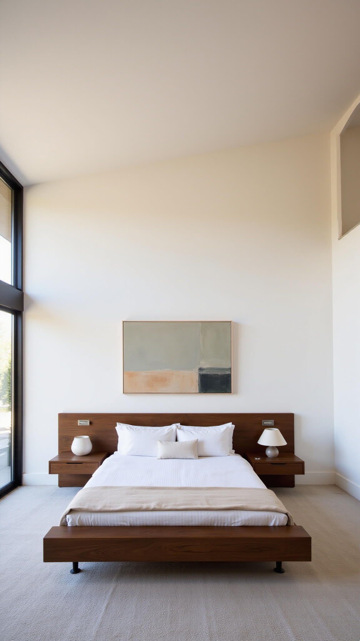 Minimalist 16x20ft bedroom with floating walnut bed, abstract canvas art, and soft golden hour lighting highlighting spacious design.