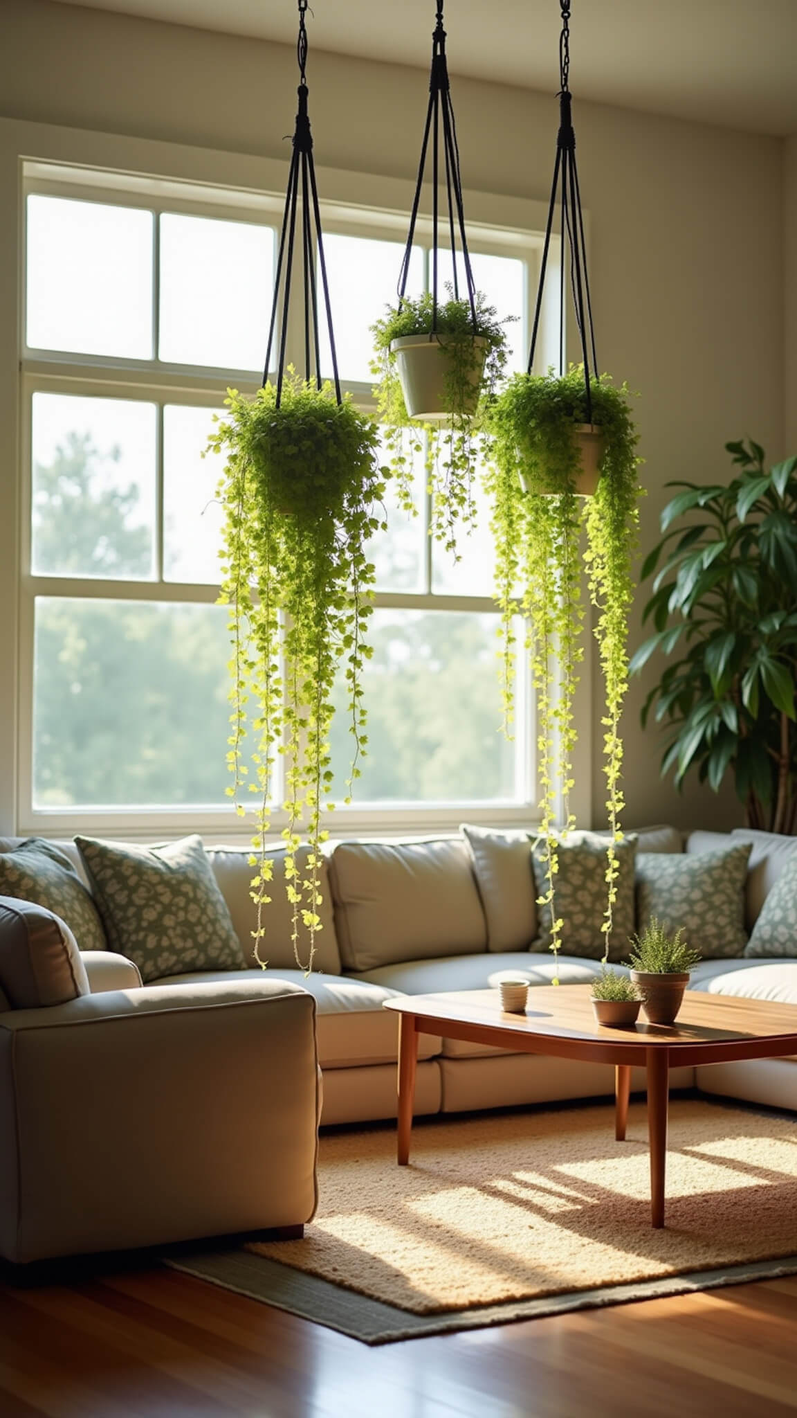 Bright 12x14ft living room with west-facing windows, golden hour light streaming through hanging pothos plants in black macramé planters, mid-century seating on jute rug below.