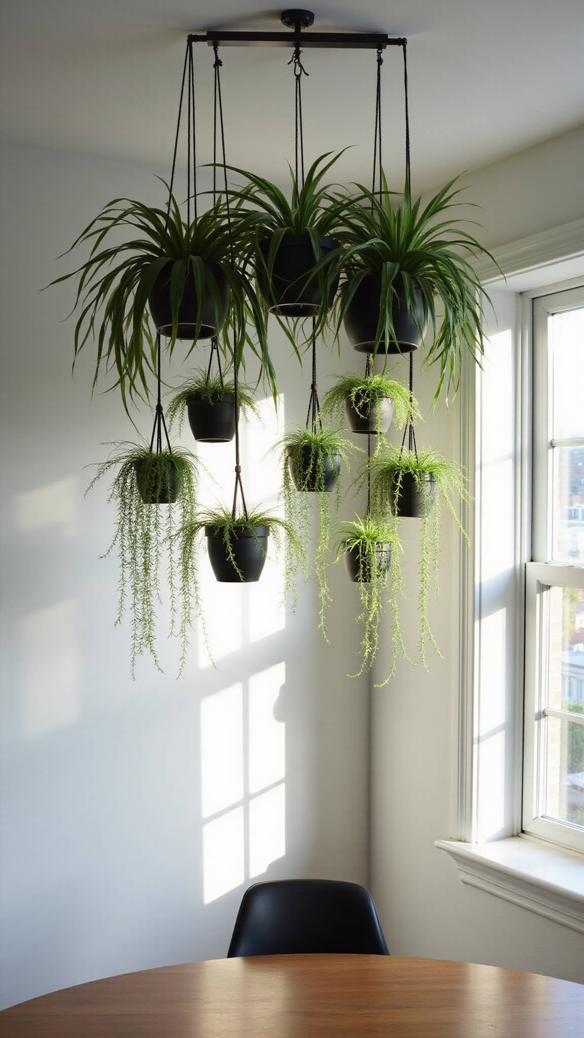 Low-angle view of a minimalist 10x10ft home office with spider plants hanging from the ceiling, casting soft shadows in cool morning light over a central wooden desk.
