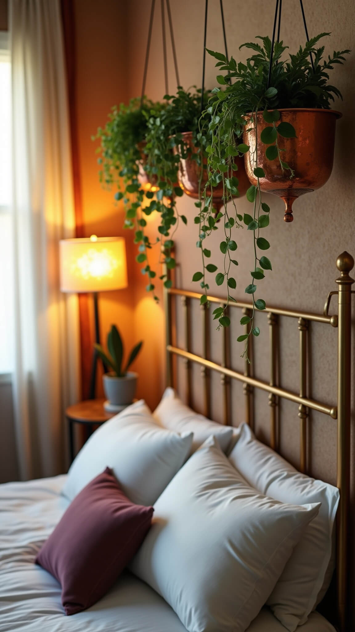 Cozy bohemian bedroom with string of hearts plants in copper planters at varying heights above a vintage brass bed, sunset light filtering through sheer curtains, rattan floor lamp glowing warmly, and textured wall tapestry backdrop.