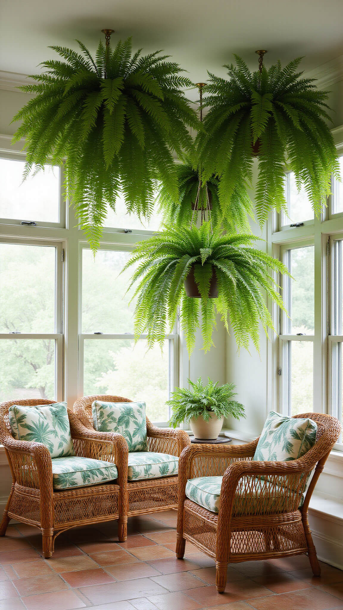 Sunroom with terracotta tiles and rattan furniture under hanging Boston ferns forming a lush green canopy in soft diffused light.