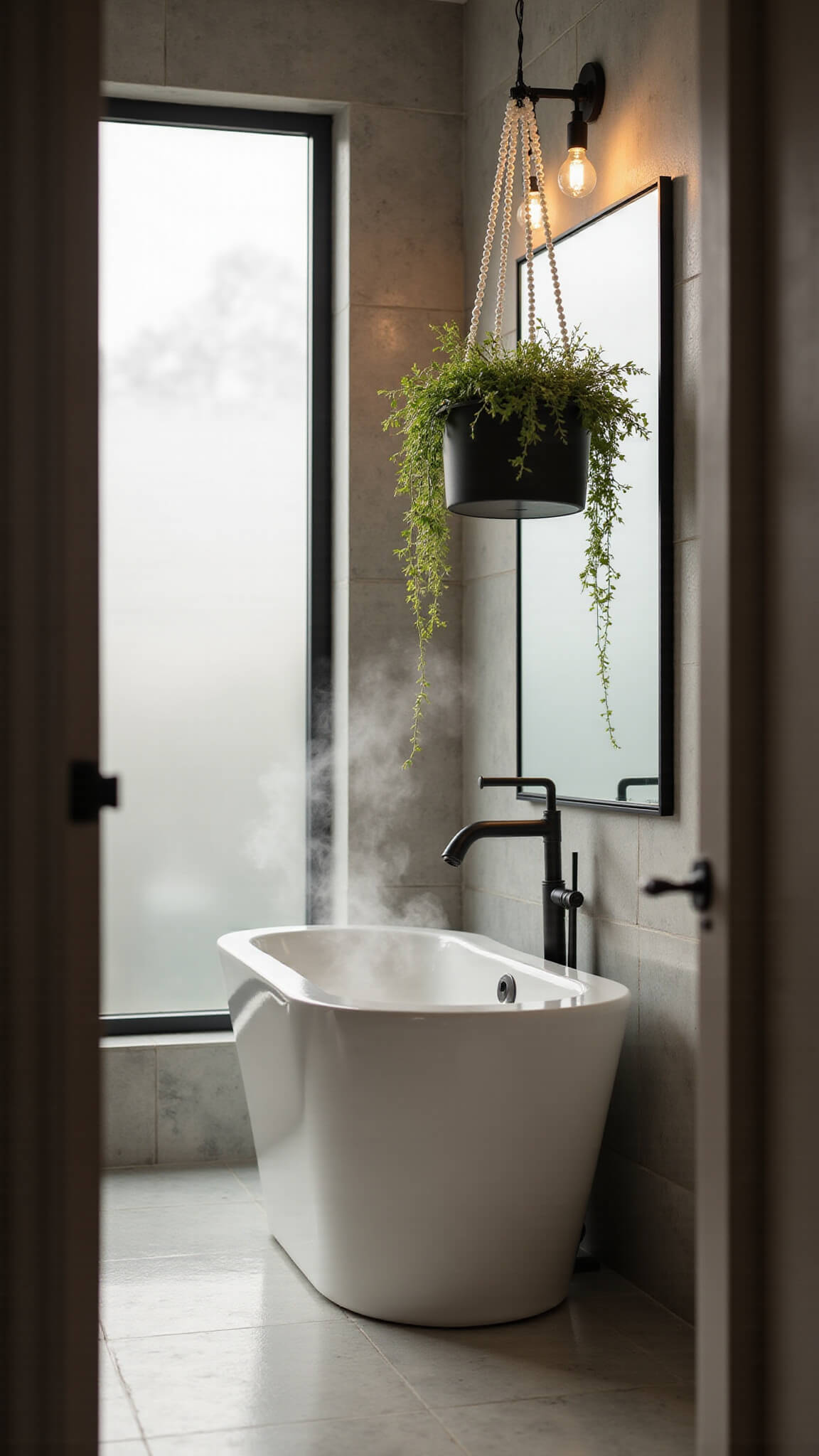 Contemporary 8x10ft bathroom with string of pearls plant hanging above white freestanding tub, morning light through frosted window, marble tile surfaces, soft LED sconces, and steam creating an ethereal effect.