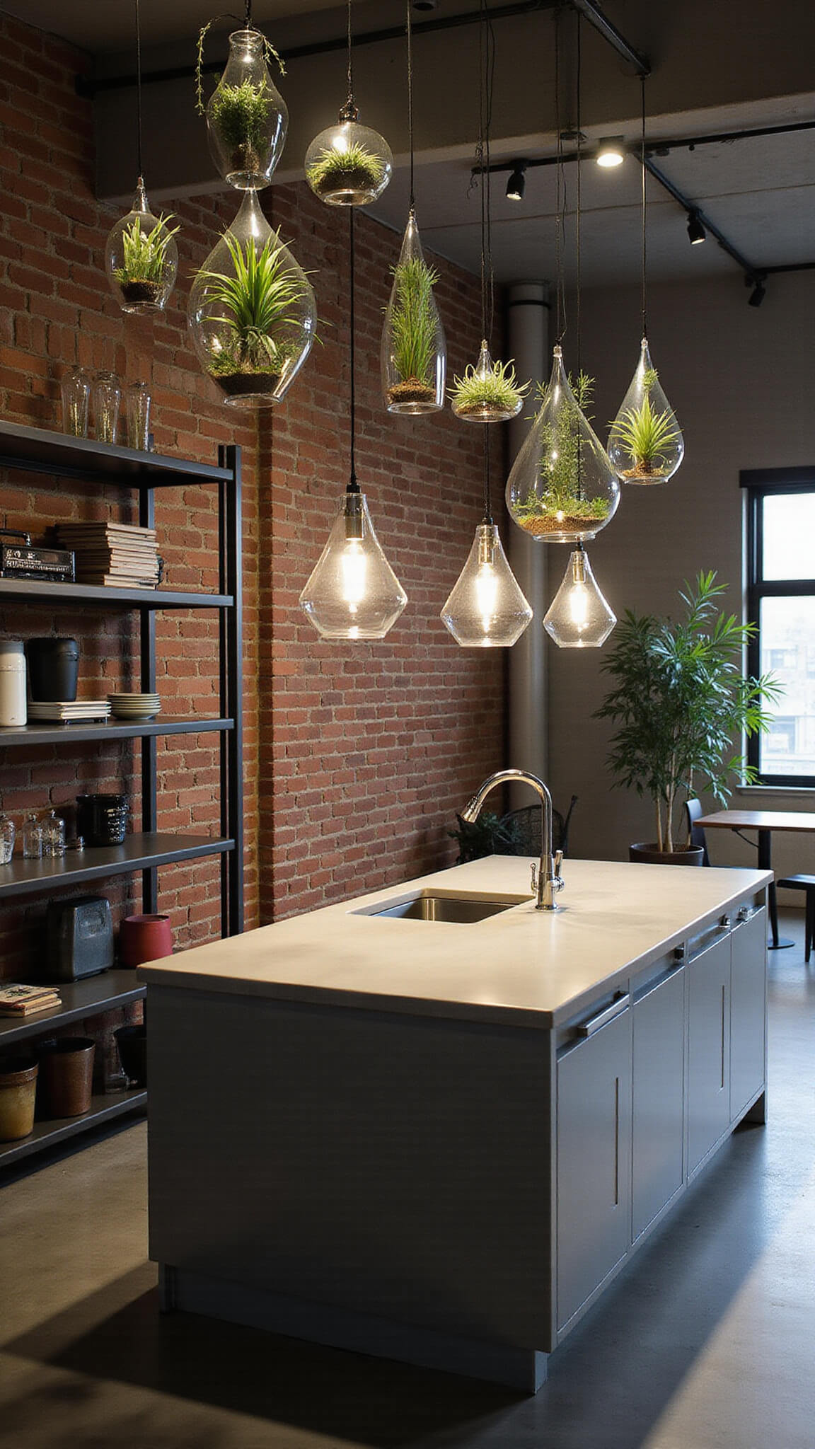 Industrial-style kitchen with hanging air plants in glass terrariums above concrete island, dramatic track lighting, exposed brick wall, and metal shelving.