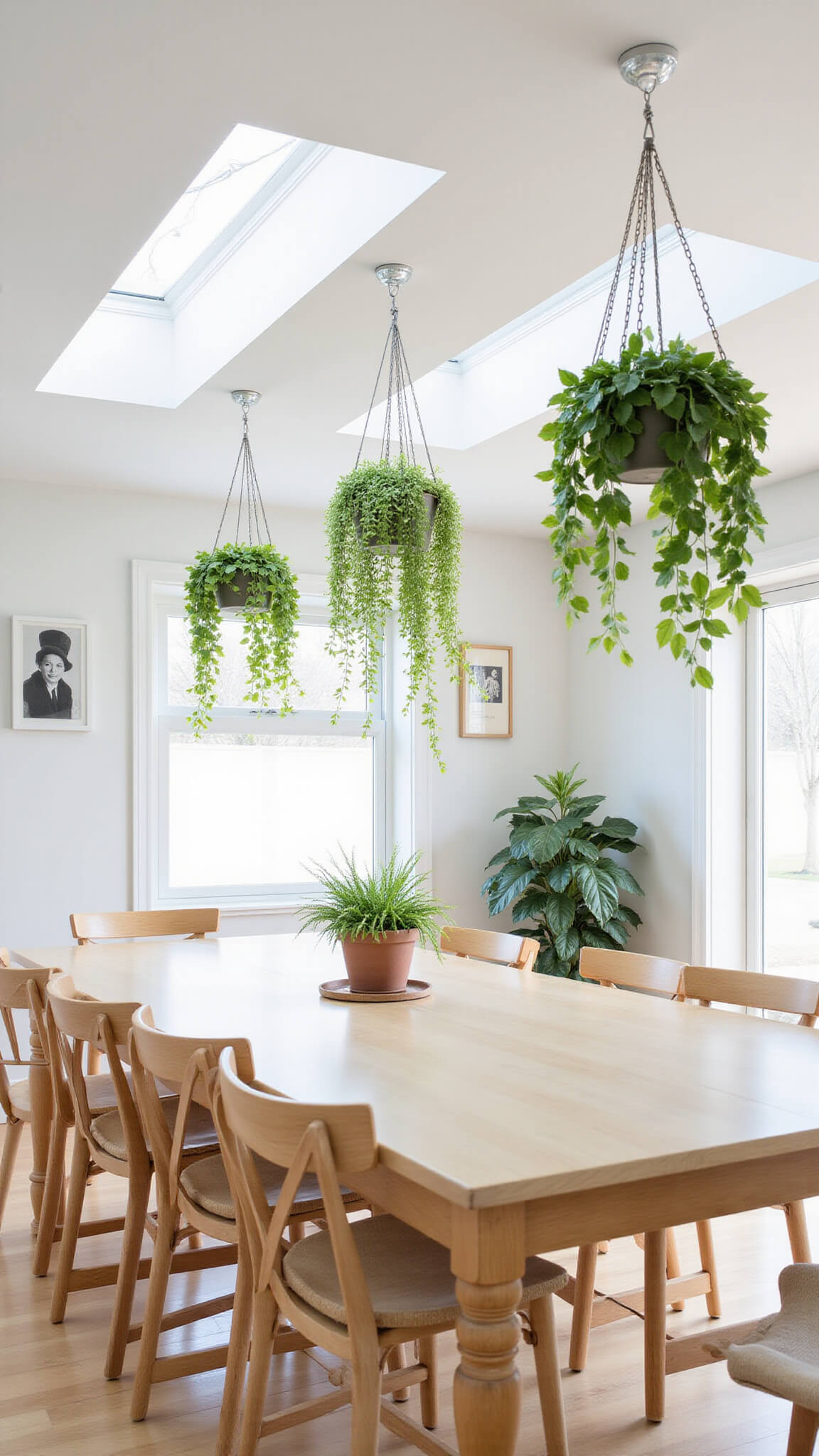 Scandinavian dining room with hanging philodendrons above pale wood table, illuminated by natural midday skylight.