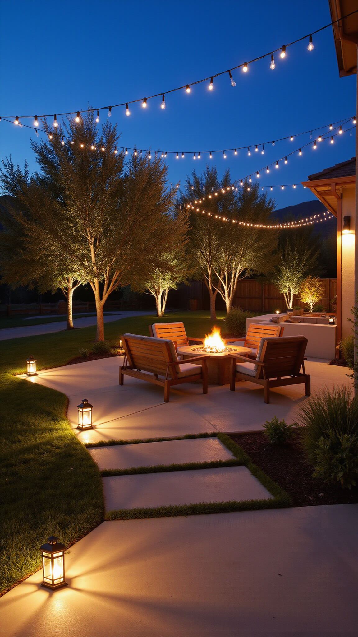 Twilight view of a modern 20'x30' backyard patio with string lights overhead, metal lanterns along a concrete path, teak lounge furniture around a fire pit, LED underlighting, and uplit olive trees casting shadows.