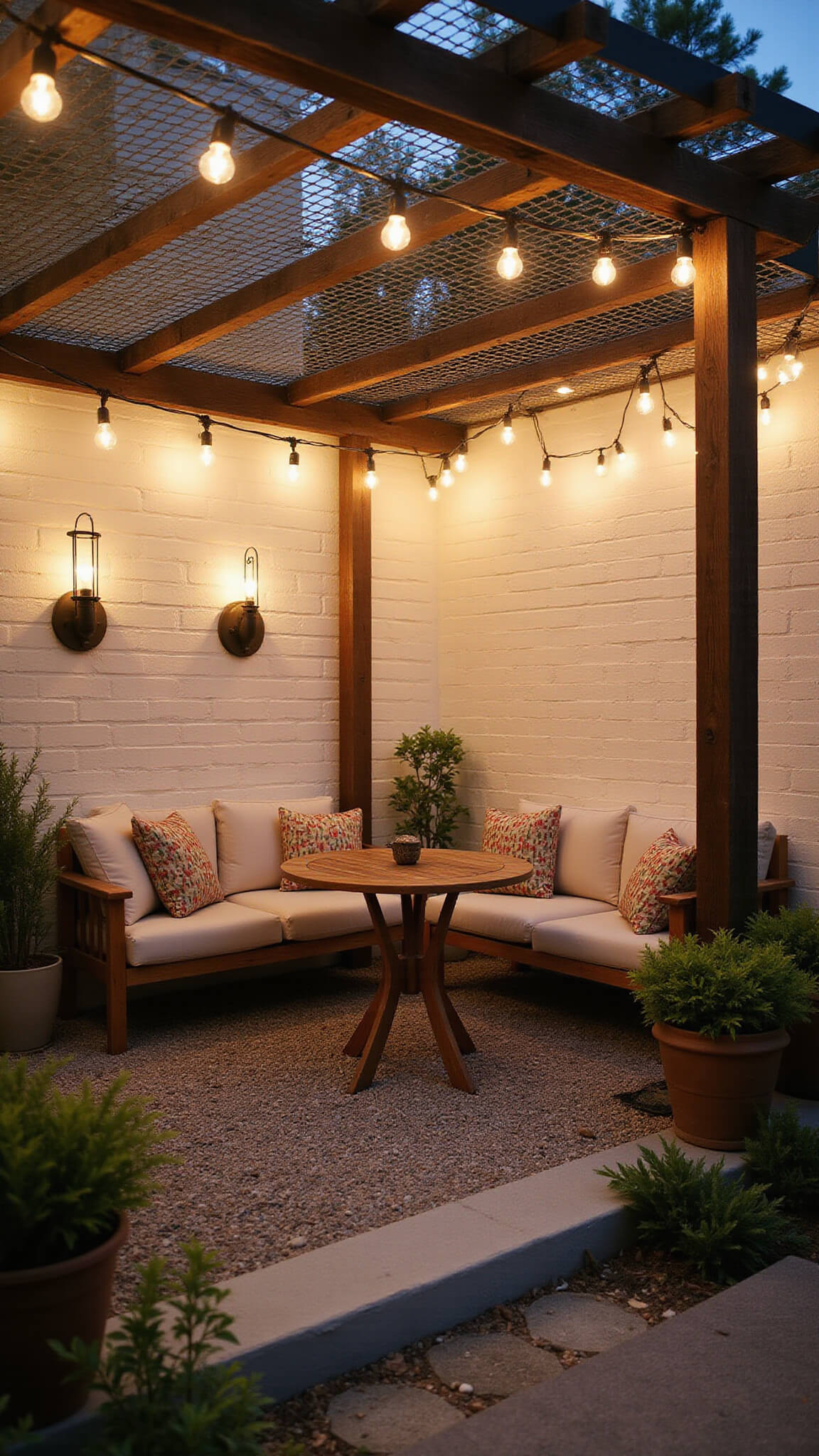Cozy garden seating area at dusk with warm Edison bulb lighting under a wrought iron pergola, whitewashed brick wall with vintage zinc sconces, and crushed gravel flooring softly reflecting ambient glow.