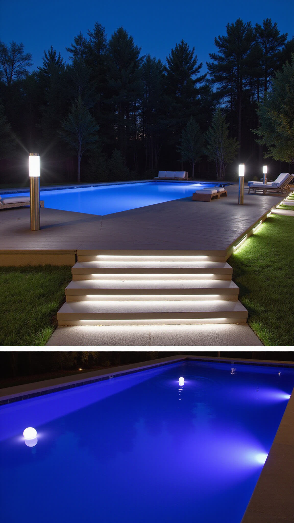 Contemporary nighttime poolside entertainment area with color-changing LED lights, floating orb lights in infinity pool, stainless steel bollard pathway lighting, and minimalist lounge seating with LED underlighting.