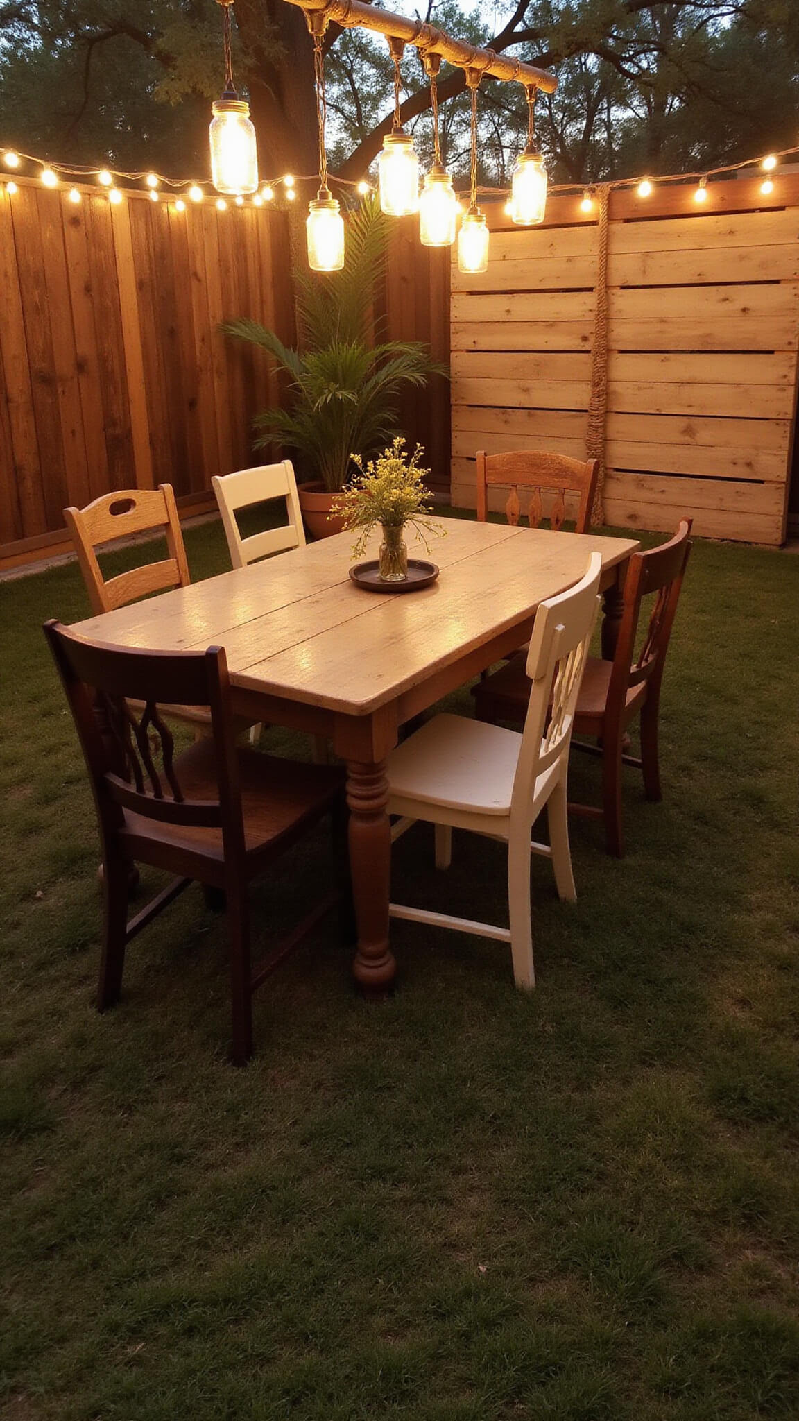 Budget backyard dining setup at sunset with mason jar lights, rustic table, pallet wall with rope lights, and vintage chairs lit by copper fairy lights.