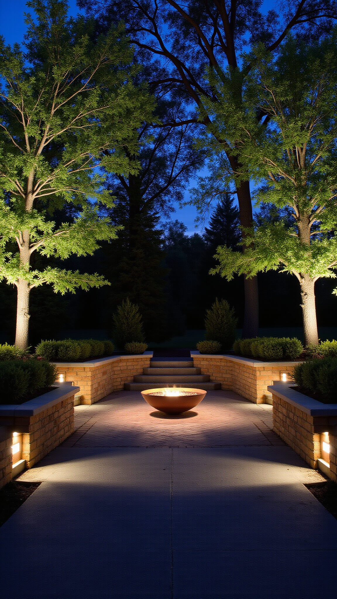 Blue hour wide-angle view of a professionally lit 30'x50' landscape featuring architectural uplighting on mature trees, copper-shielded path lights, a modern fire bowl with LED accents, and illuminated tiered garden beds in bronze, green, copper, and twilight blue tones.