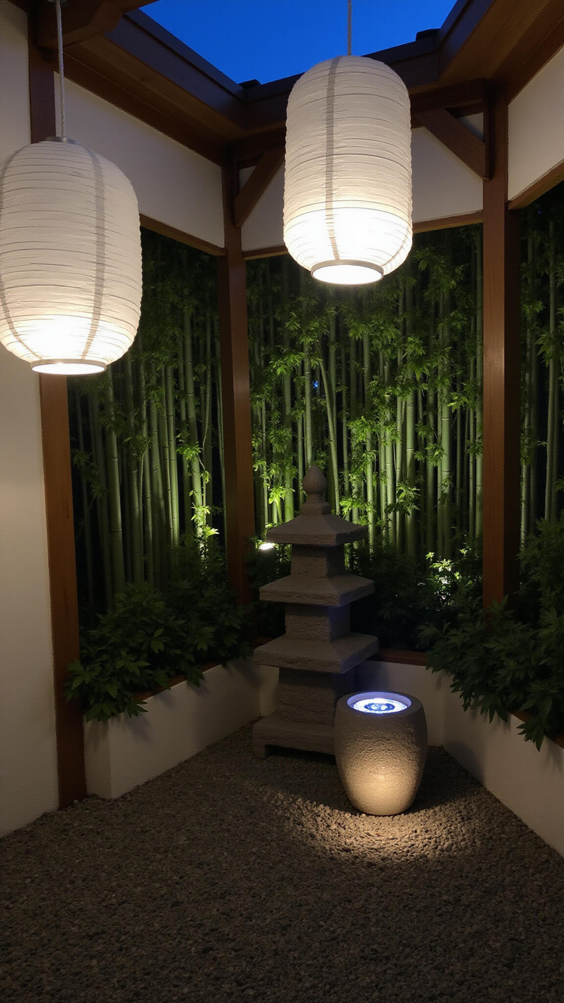 Cozy 10'x10' meditation corner at moonrise with zen lighting, paper lanterns casting soft shadows, LED-lit stone pagoda, backlit bamboo grove, and macro view highlighting textures in white, gray, green, and silver tones.