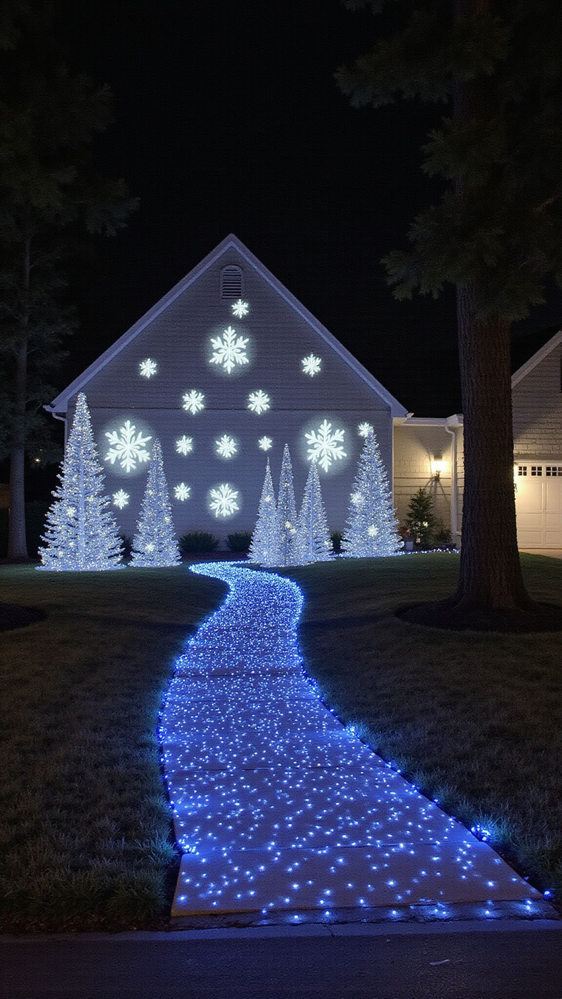 Nighttime view of a 40'x30' holiday lighting display with synchronized LED lights, illuminated topiary along a curved path, snowflake projections on the house, and icicle lights in cool white, ice blue, silver, and frosted crystal.