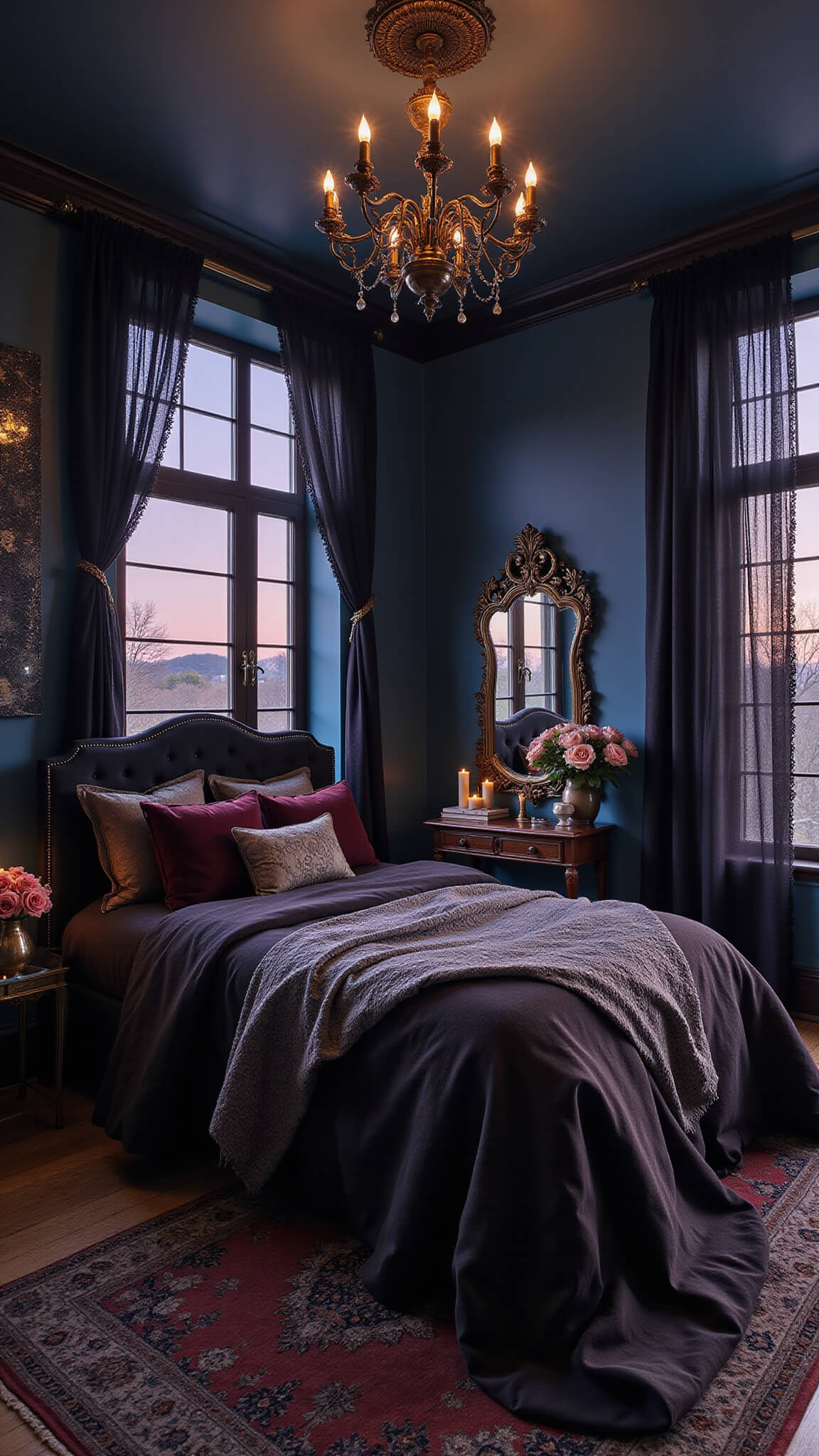 Victorian-style bedroom at twilight with black velvet bed against midnight blue wall, sheer lace curtains, ornate chandelier, vintage decor, and celestial-themed accents softly lit by backlit windows and candlelight.