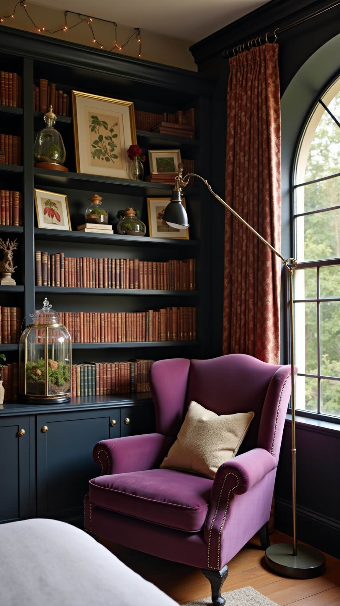 Victorian-inspired reading nook in master bedroom alcove with deep purple wingback chair, matte black bookshelf of vintage books, brass floor lamp, crystal terrariums, botanical prints, and copper-hued fairy lights at golden hour.