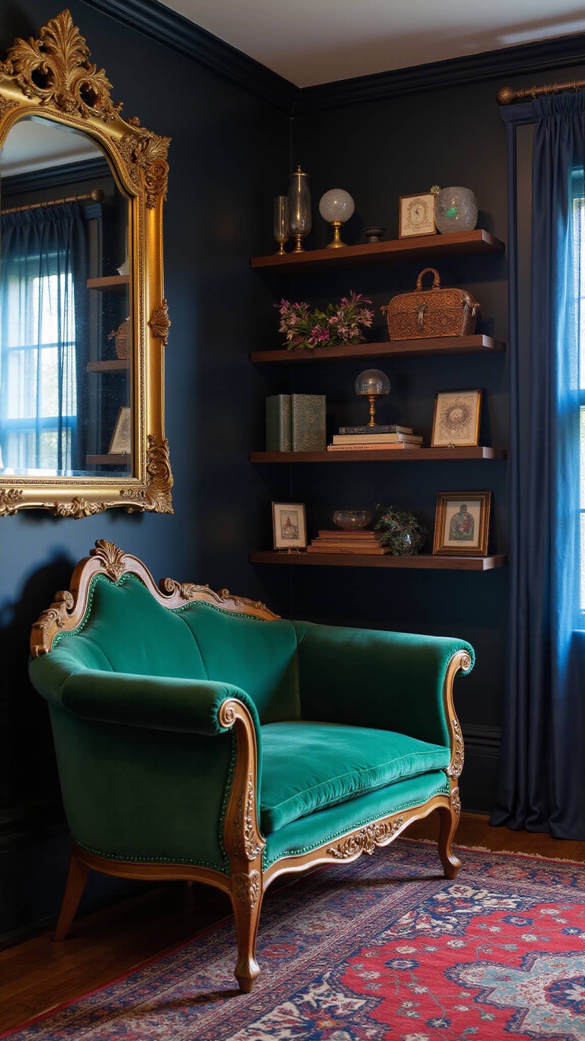 Dramatic dusk-lit living room corner with emerald velvet fainting couch, black accent wall featuring ornate bronze mirror, layered jewel-toned rugs, crystal balls, antique curiosities on shelves, and soft blue light through gossamer curtains.