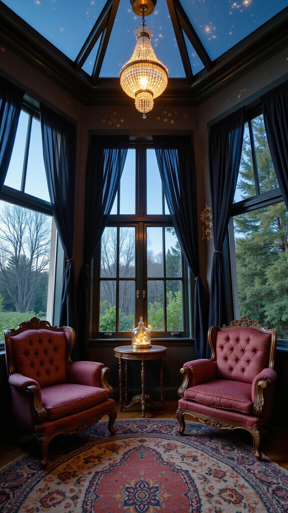 Moody sunroom with navy walls, gold celestial decals, Victorian-style windows draped in black chiffon, burgundy armchairs, brass table, hanging glass terrariums, bookshelves of curiosities, and crystal chandelier glowing at moonrise.