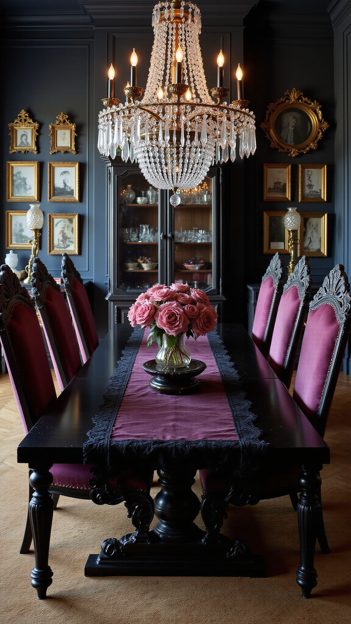 Midnight dining room with black wood table, crystal-draped bronze chandelier, purple velvet chairs with carved ravens, black lace and burgundy silk tablecloth, mirrored wall, candelabras casting shadows, and cabinet of curiosities.