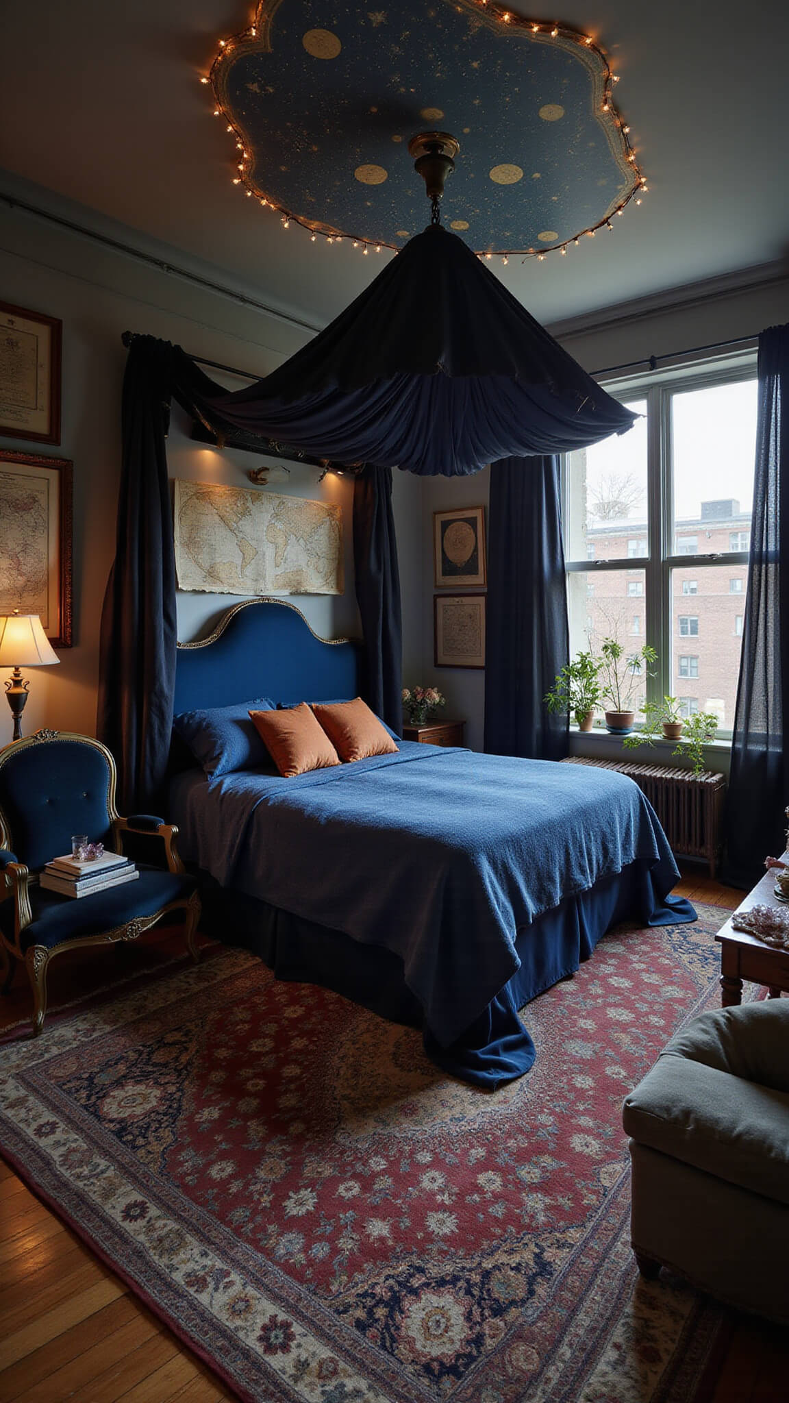 Studio apartment at dawn with platform bed under deep blue velvet canopy, black gauze curtains dividing space, throne chair in reading nook, crystal-adorned vintage vanity, constellation maps in copper frames, string lights on ceiling, and layered Persian rugs.