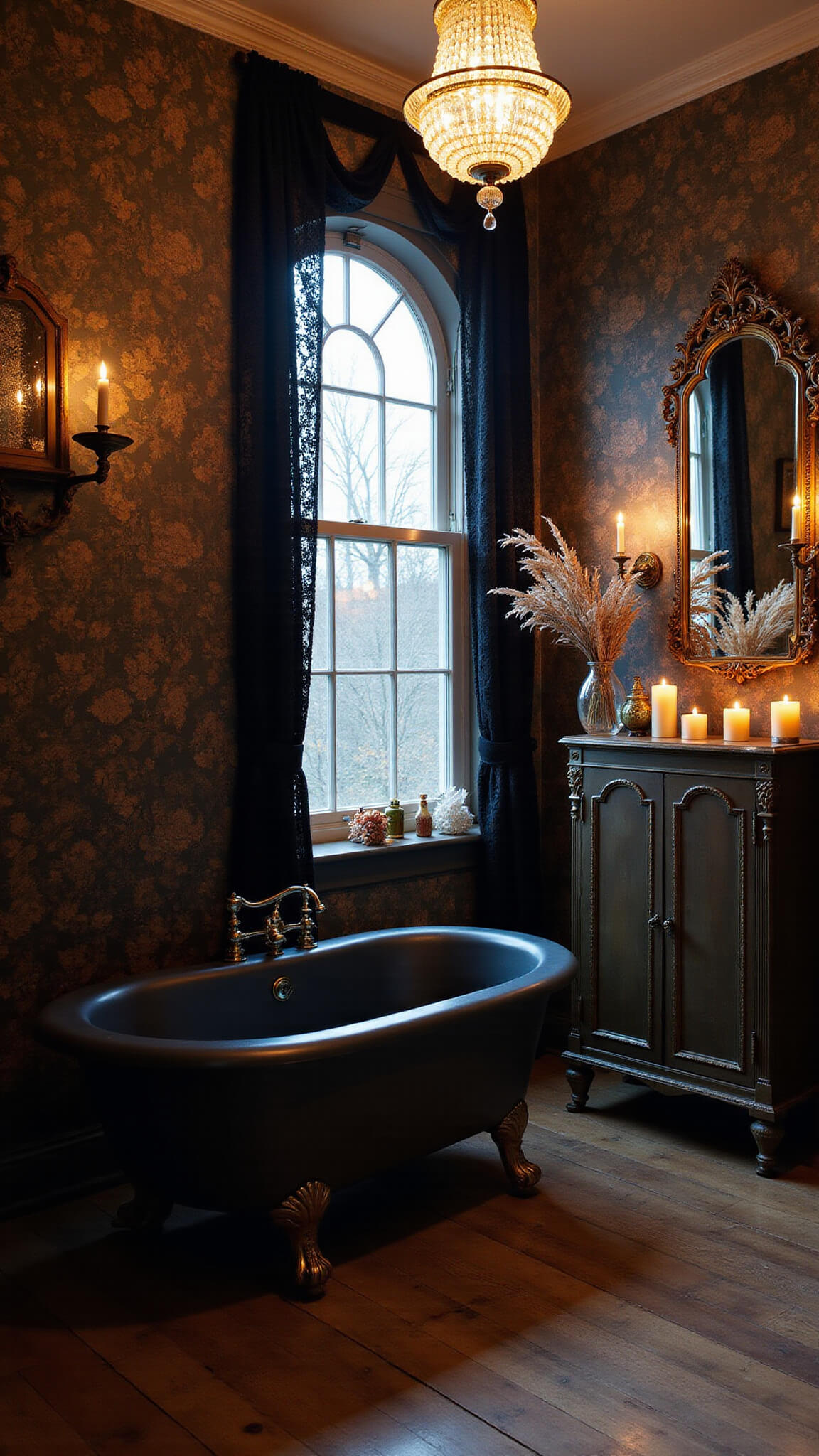 Candlelit Victorian-style bathroom with matte black clawfoot tub, dark floral wallpaper, and ornate mirror reflecting warm light.