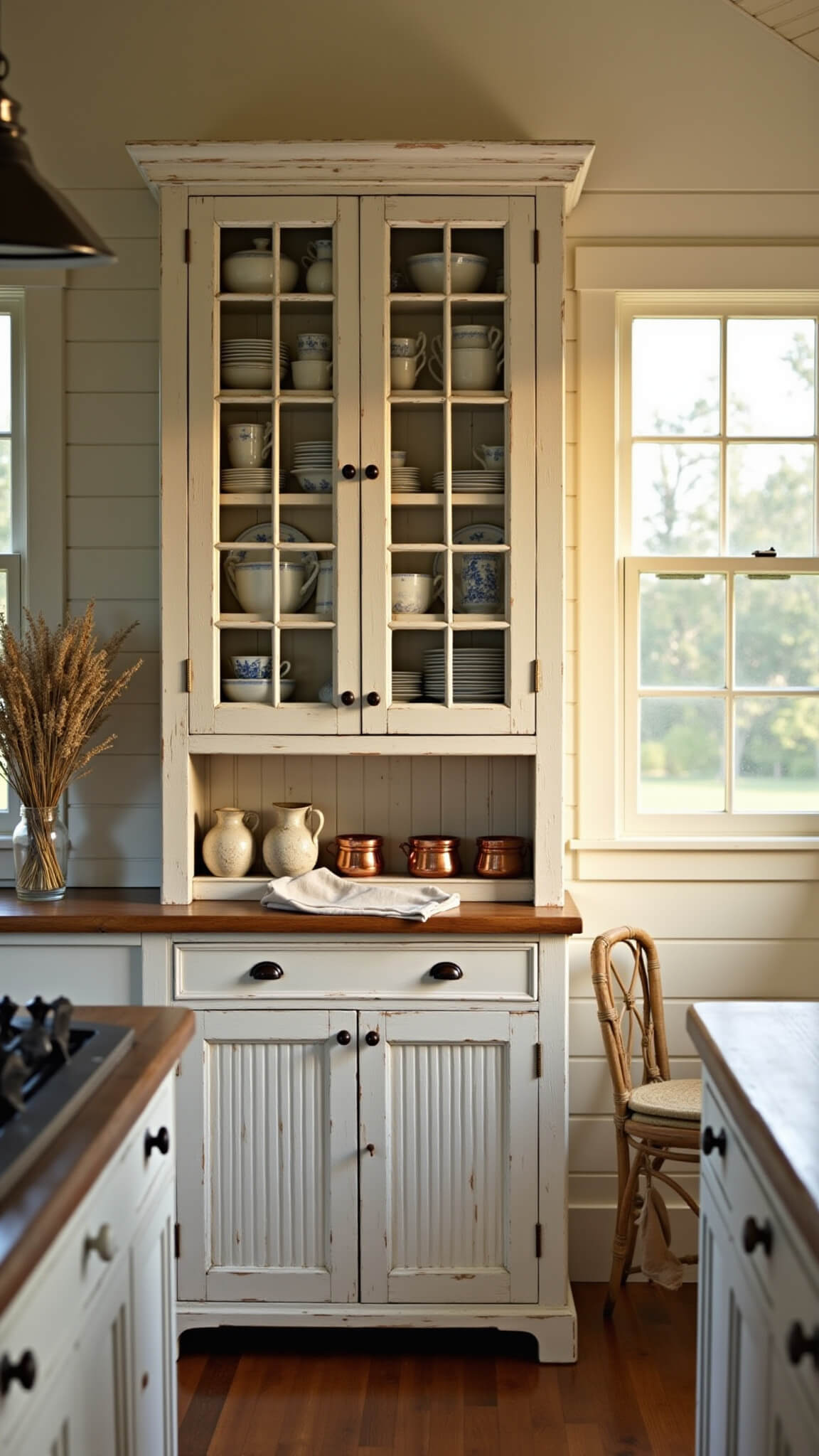 Sunlit farmhouse kitchen with weathered white oak hutch, vintage brass hardware, cream and blue china, and copper accents at golden hour.