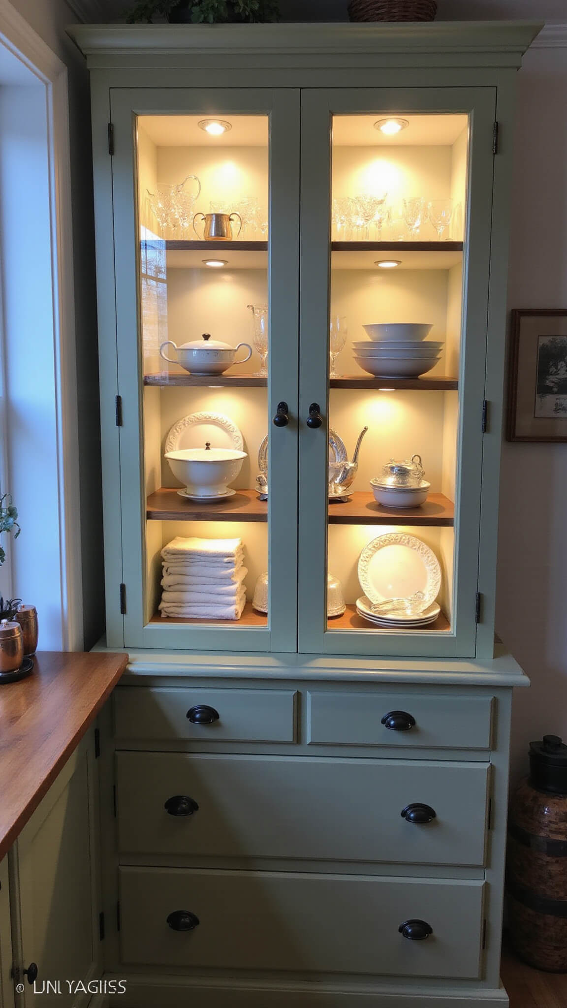 Elegant farmhouse kitchen corner at twilight with sage green hutch, glass doors displaying crystal and silver, plate racks, and rustic counter decor.