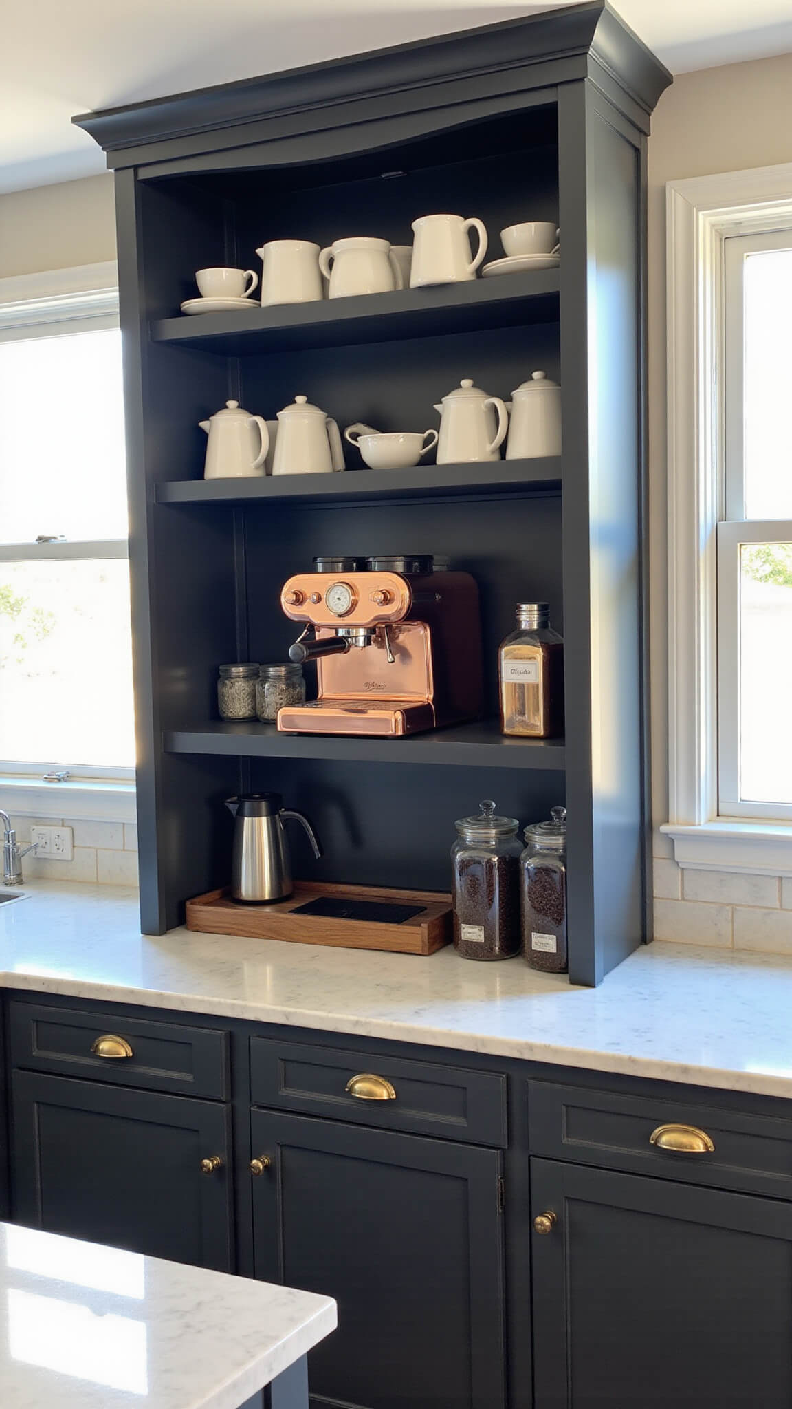 Modern farmhouse kitchen with matte black coffee station hutch, copper espresso machine, ceramic mugs, glass jars, and marble pour-over counter, bathed in morning light.