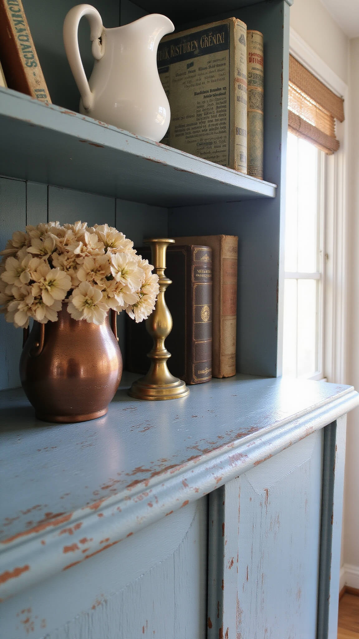 Close-up of vintage blue hutch with weathered paint, styled with ironstone pitchers, antique books, brass candlesticks, and dried hydrangeas in copper vase in soft afternoon light.