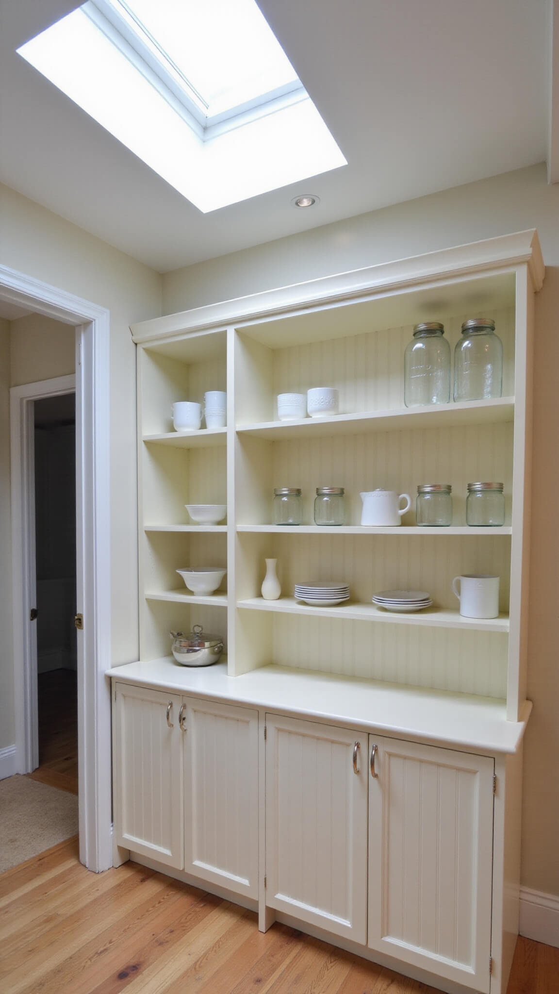 Wide-angle view of organized 8x14ft galley kitchen with creamy white wall-mounted hutch, open shelving displaying white pottery and glass jars, beadboard lower cabinets, skylight lighting, and under-shelf task lights.