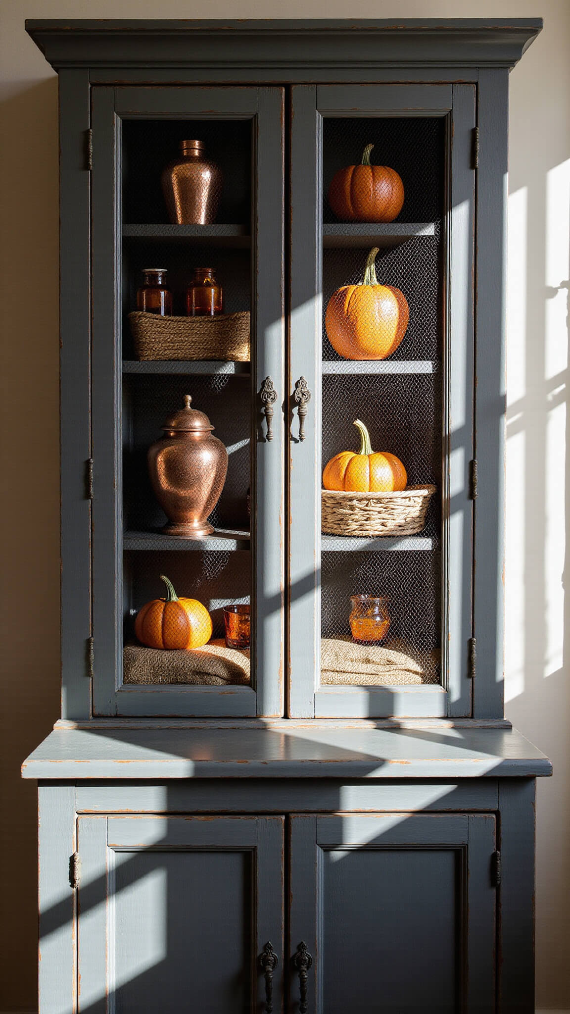 Close-up of a charcoal-painted hutch with chicken wire doors, styled for autumn with copper vessels, amber bottles, heirloom pumpkins, and textured baskets in warm morning light.