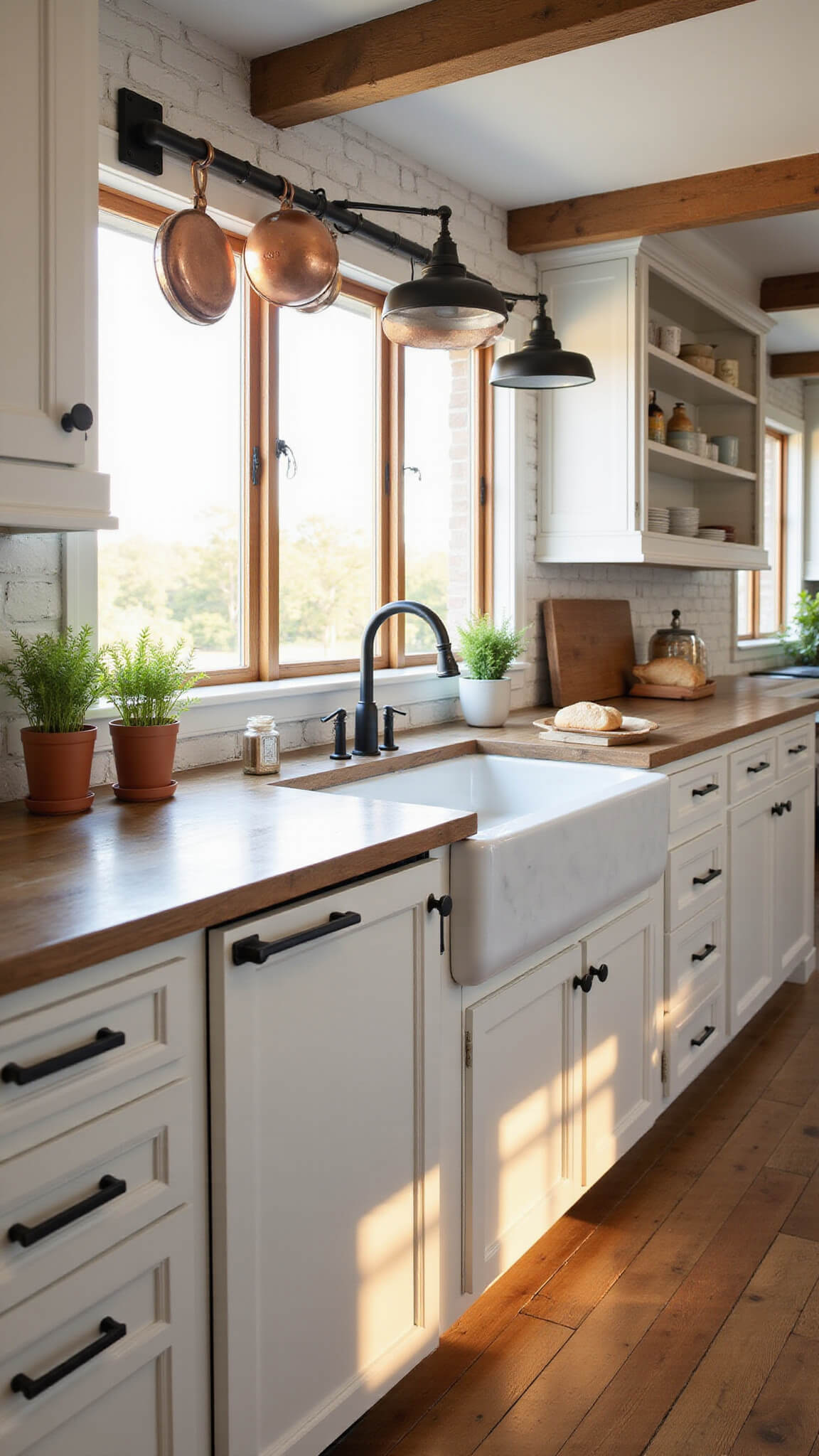 Modern farmhouse kitchen with white shaker cabinets, oak island with marble waterfall countertop, apron sink, and golden hour light streaming through west-facing windows.