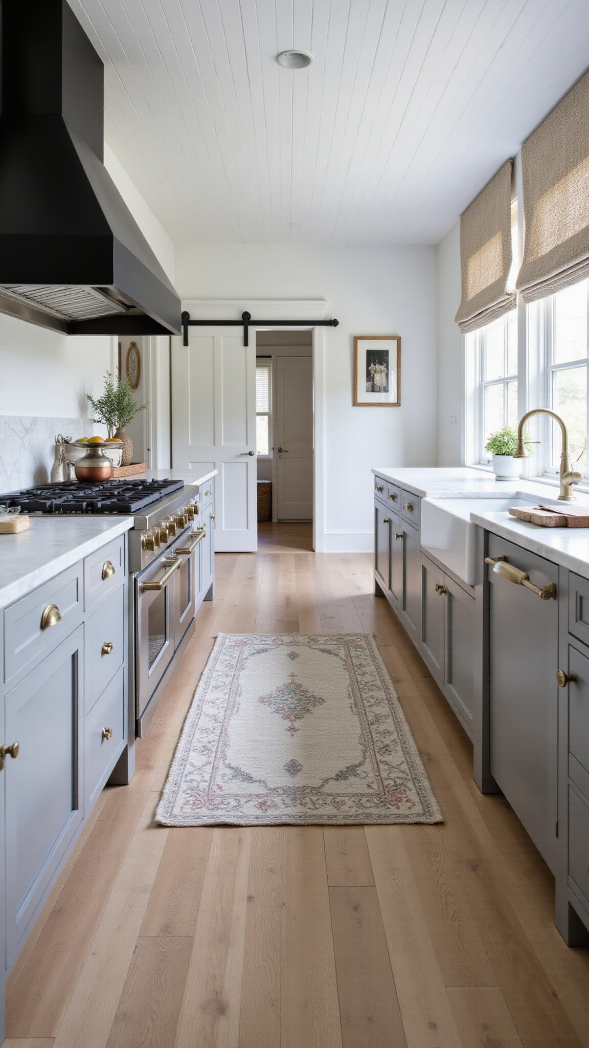 Modern farmhouse galley kitchen with dove gray cabinets, brass hardware, antique scale on marble counters, and morning light filtering through roman shades.