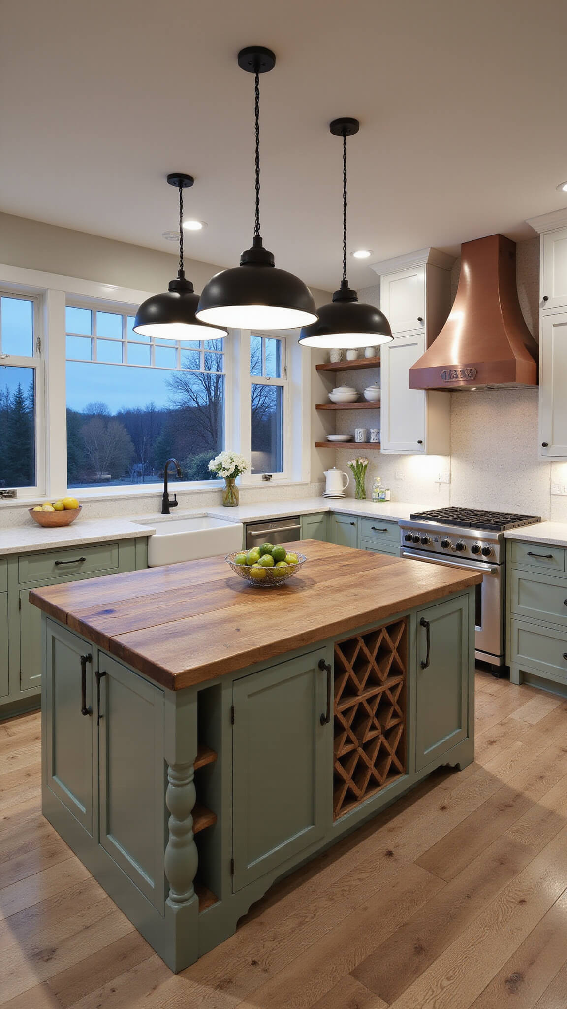 L-shaped farmhouse kitchen at dusk with white and sage cabinets, reclaimed wood island, copper range hood, and countryside views through large windows.