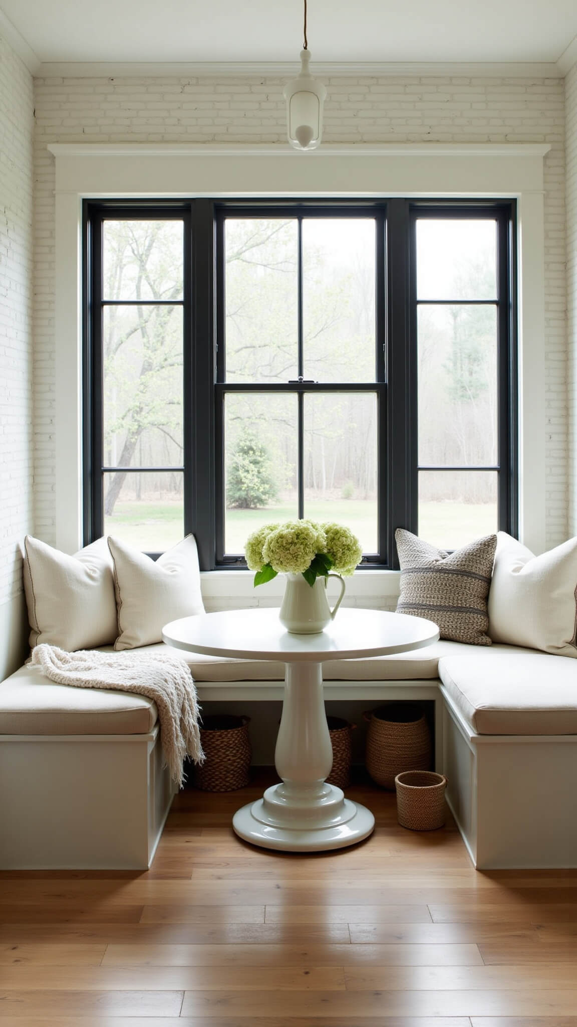 Cozy modern farmhouse breakfast nook with built-in banquette, round table with hydrangeas, and soft natural light streaming through black steel windows onto oak floors.