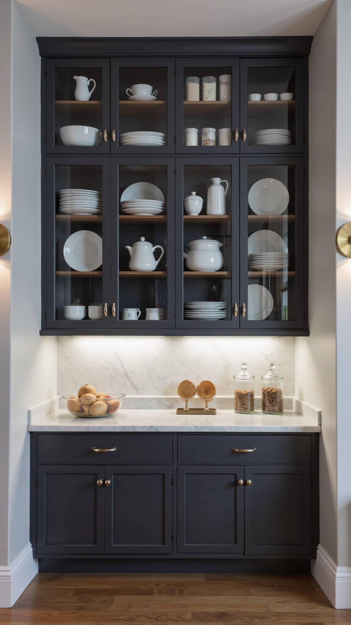Modern farmhouse butler's pantry with charcoal cabinets, white marble countertops, and moody twilight lighting.