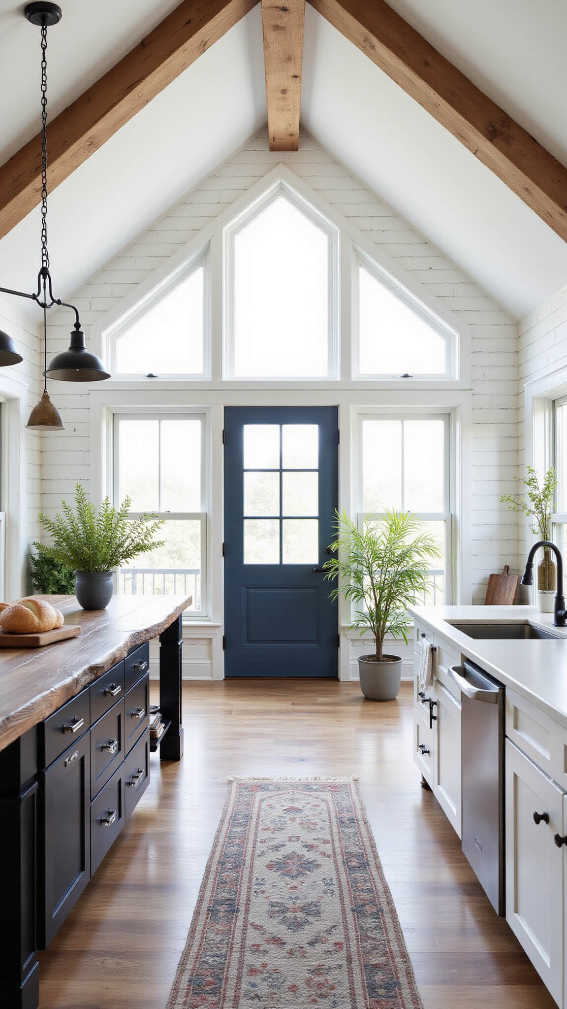 Modern farmhouse kitchen with vaulted ceilings, exposed wood beams, white subway tile, black island with walnut breakfast bar, vintage runner, blue Dutch door, olive trees, and artisanal breadboards.