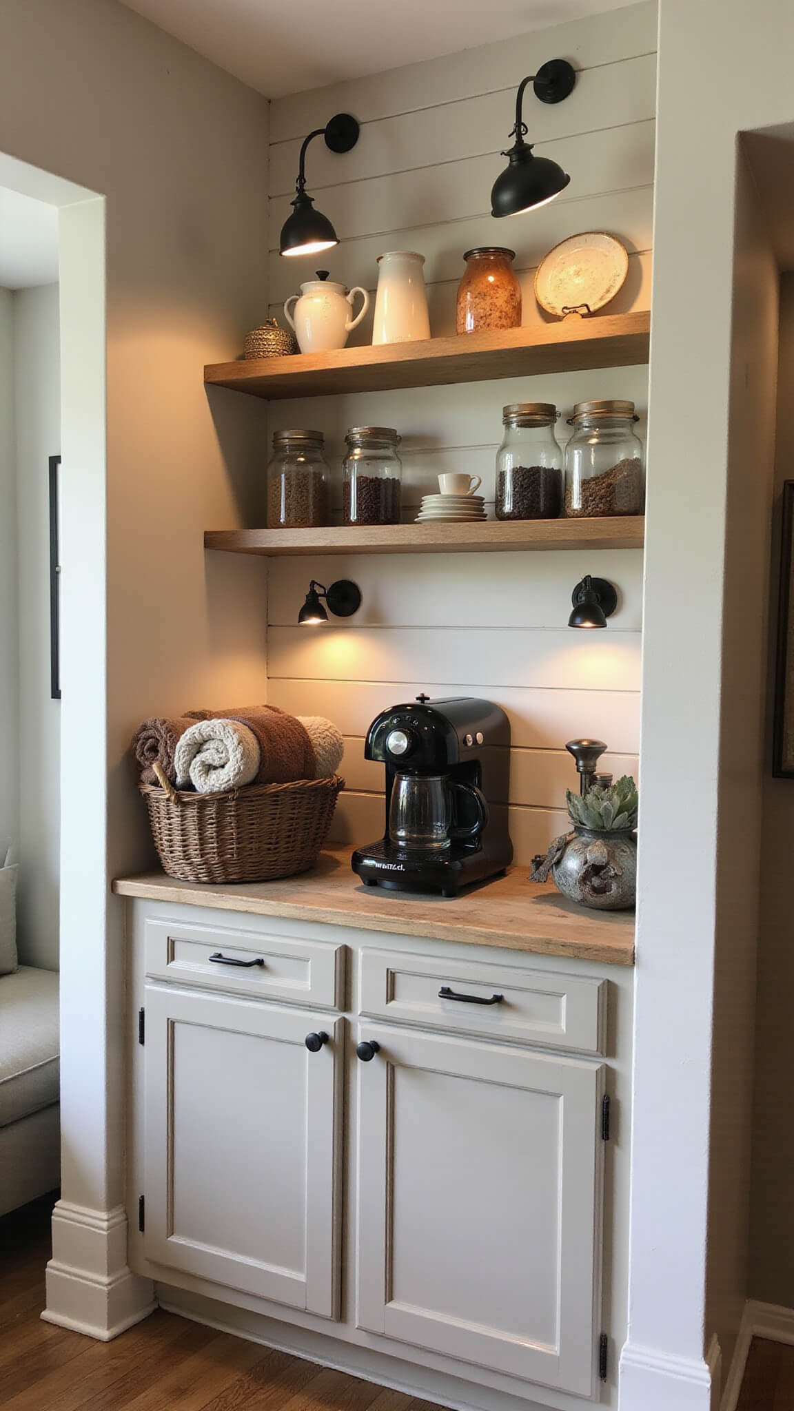 Modern farmhouse coffee nook with greige cabinetry, built-in espresso machine, open shelves with mugs, copper canisters, vintage grinder, and warm lighting.