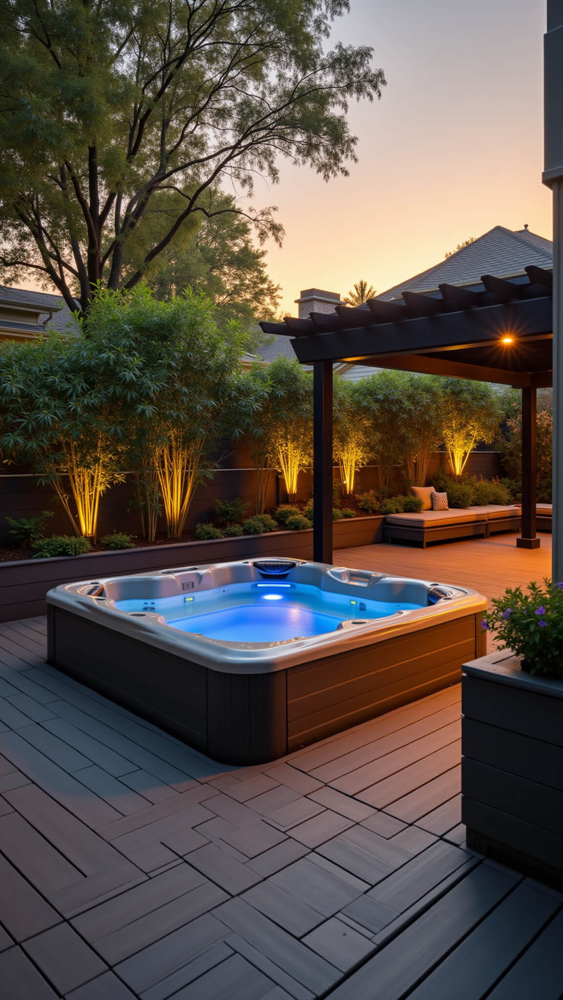 Modern backyard oasis with sunken 8-person hot tub, bamboo privacy screens, layered decking, and sunset lighting under a black pergola.