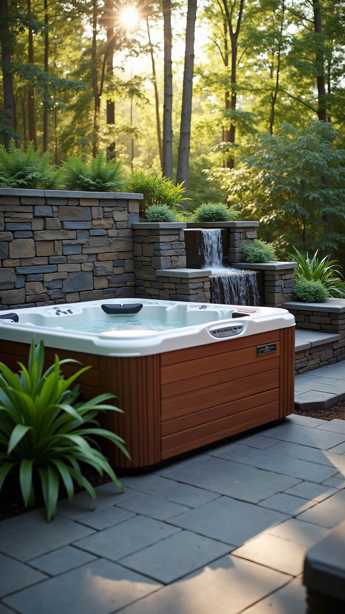 Three-person hot tub in stone corner setting with mahogany cabinet, surrounded by ferns and hostas, morning mist rising under dappled light.