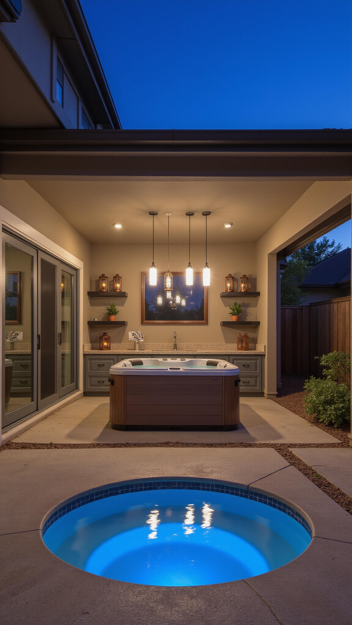 Flush-mounted hot tub on covered patio at twilight with glowing pendant lights, LED-lit water, and floating shelves with lanterns and succulents.