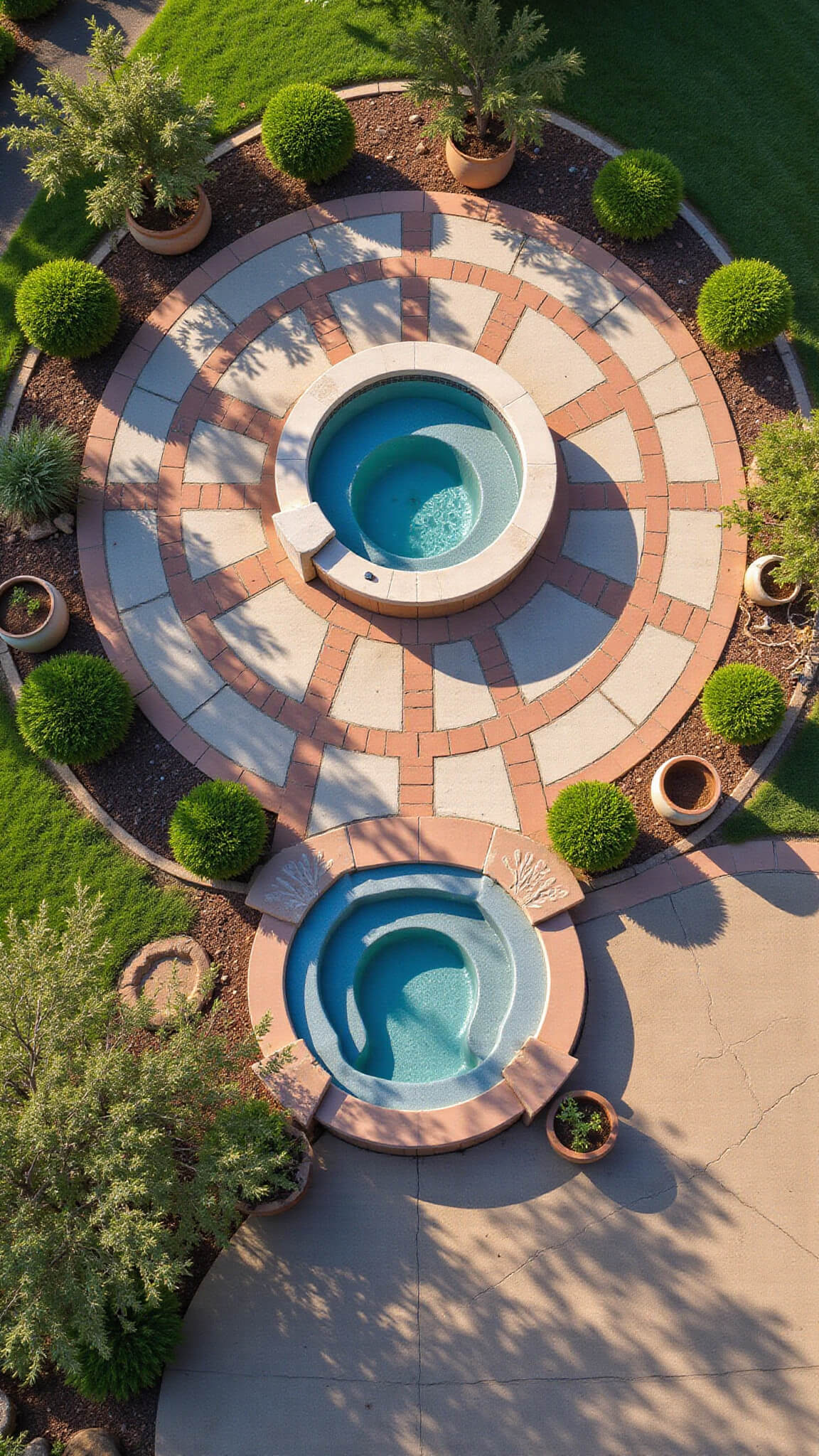 Overhead drone view of circular resort-style hot tub setup with concentric paver patterns, central 6-person tub, Mediterranean planters at cardinal points, and afternoon shadows enhancing geometric design.