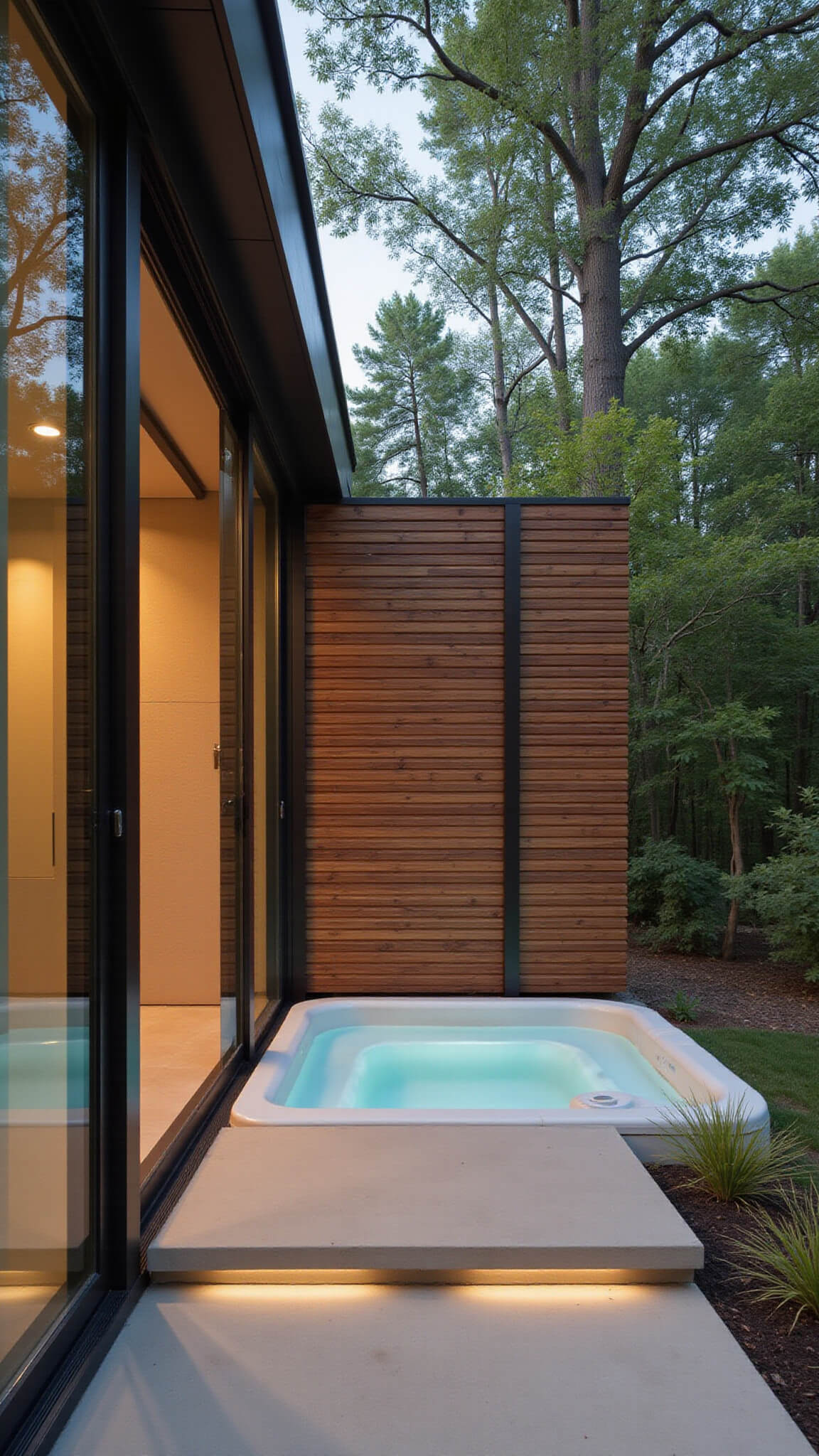 Close-up of modern hot tub enclosure with sliding glass panels, cedar slat privacy screen, concrete pad, and LED strip lighting.