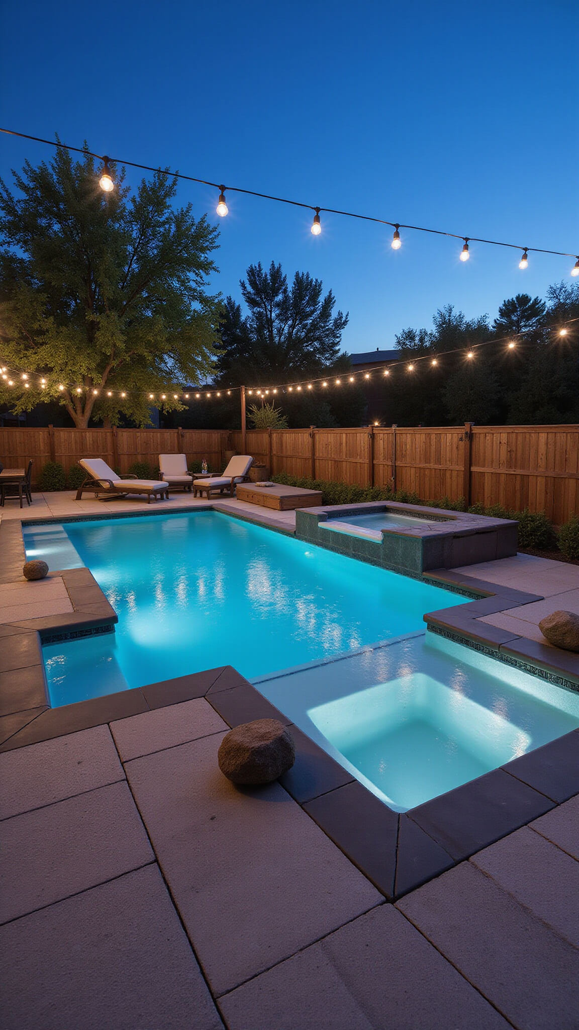 Wide-angle view of a stylish hot tub entertainment space at blue hour with built-in bar seating, floating drink rails, faux-rock Bluetooth speakers, and string lights overhead.