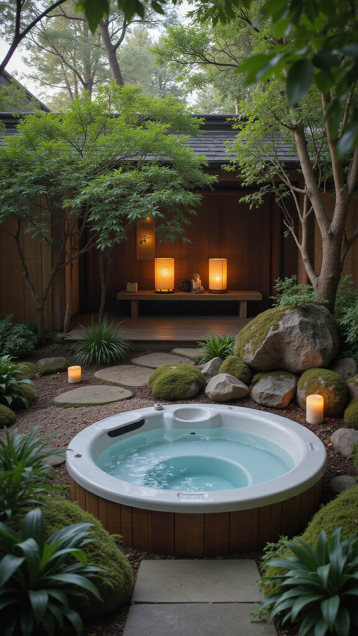 Zen garden hot tub retreat at dawn with dewy foliage, bamboo fountain, mossy boulders, and soft lantern light.
