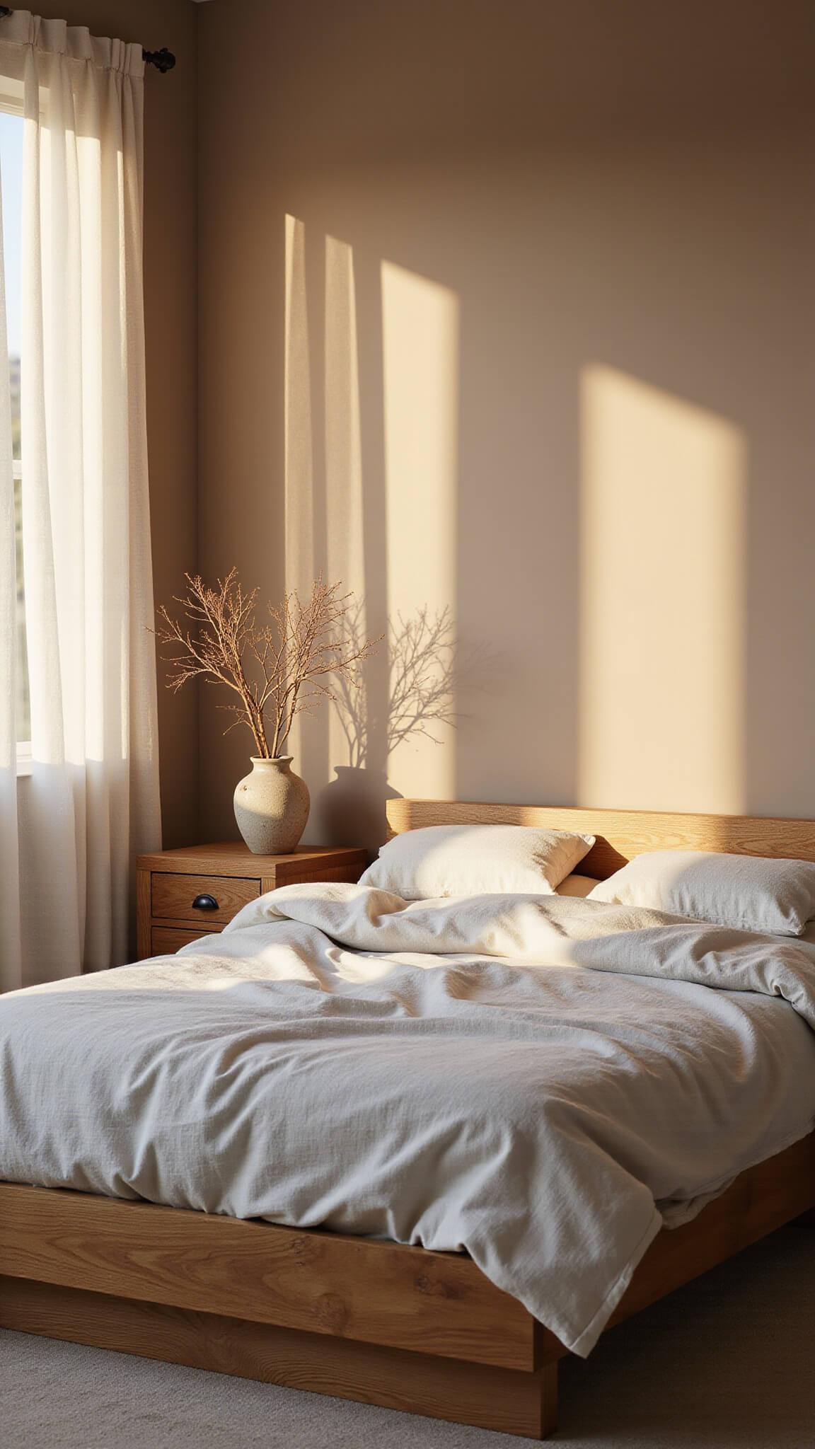 Sunlit minimalist bedroom with linen bedding on a wooden platform bed, warm shadows cast across clay beige walls and natural textures.