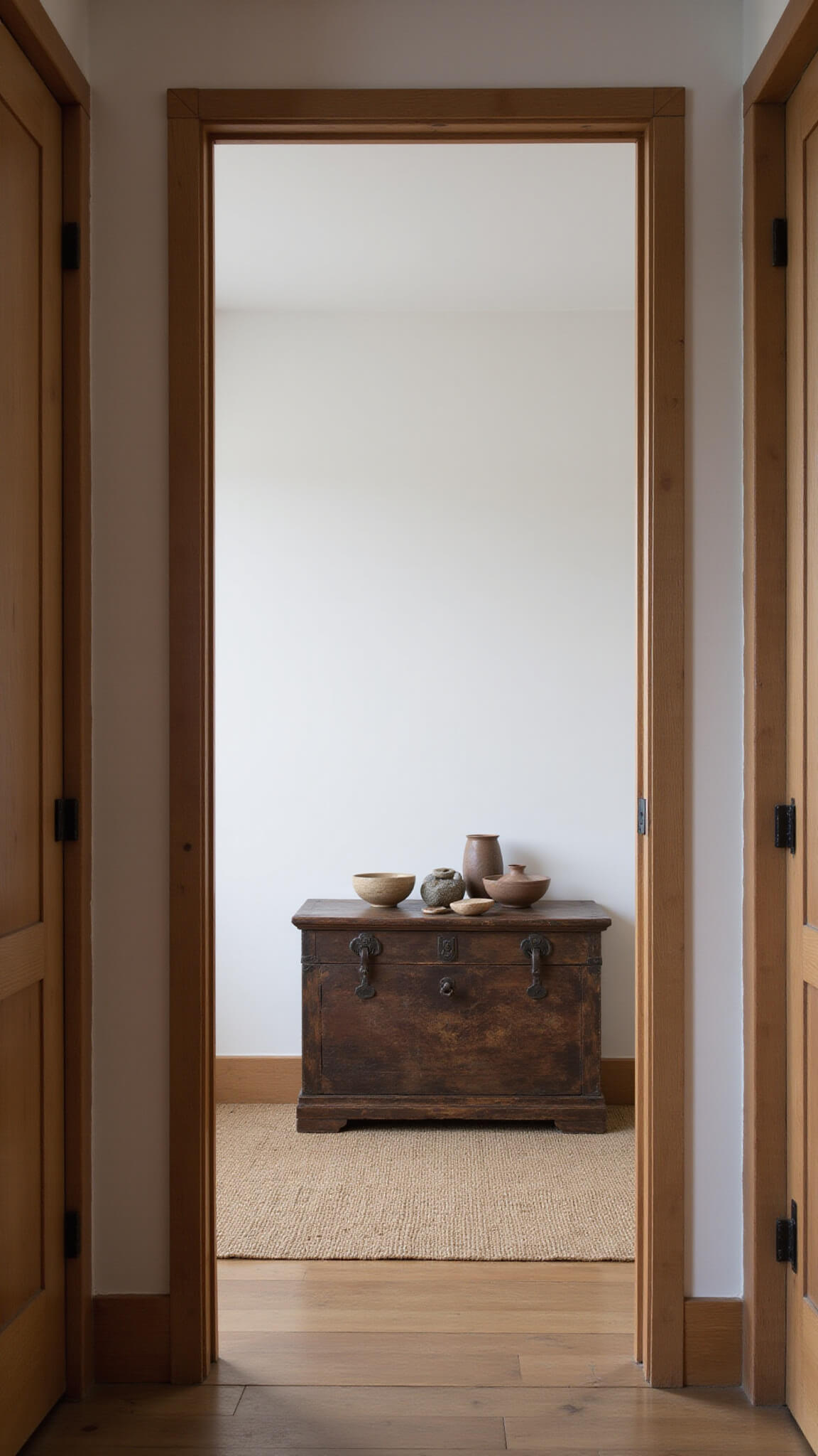 Minimalist 10x12ft bedroom at dawn with soft morning light, featuring antique Japanese tansu chest, jute rug on rustic pine floors, and simple decor of stones and pottery on wooden bench.